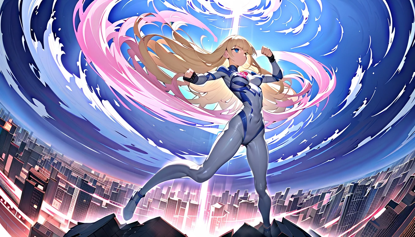 girl masterpiece, best quality, high resolution, best detailed, ultra girl, giantess, blonde hair, straight hair, shiny hair, bodysuit, blue and silver bodysuit, red gem on chest, full body, fighting stance, making fists, a lot sweat, many tentacles,  breezing white breath, detailed background, cityscape, buildings, beam effects  from tentacles,