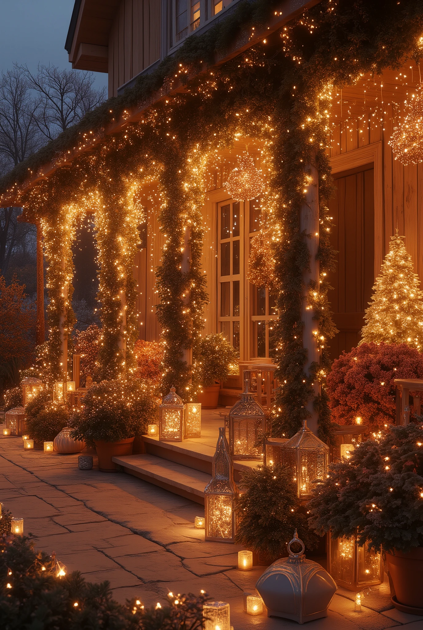 a porch covered in christmas decorations and lights, with a front porch, with lots of thin ornaments, hight decorated, cottagecore!!, lavishly decorated, vivid and detailed, 8k)), cozy place, ornate and detailed, subtle and detailed, wonderful masterpiece, dreamy and detailed, cottagecore, accurate depiction, soothing and cozy landscape