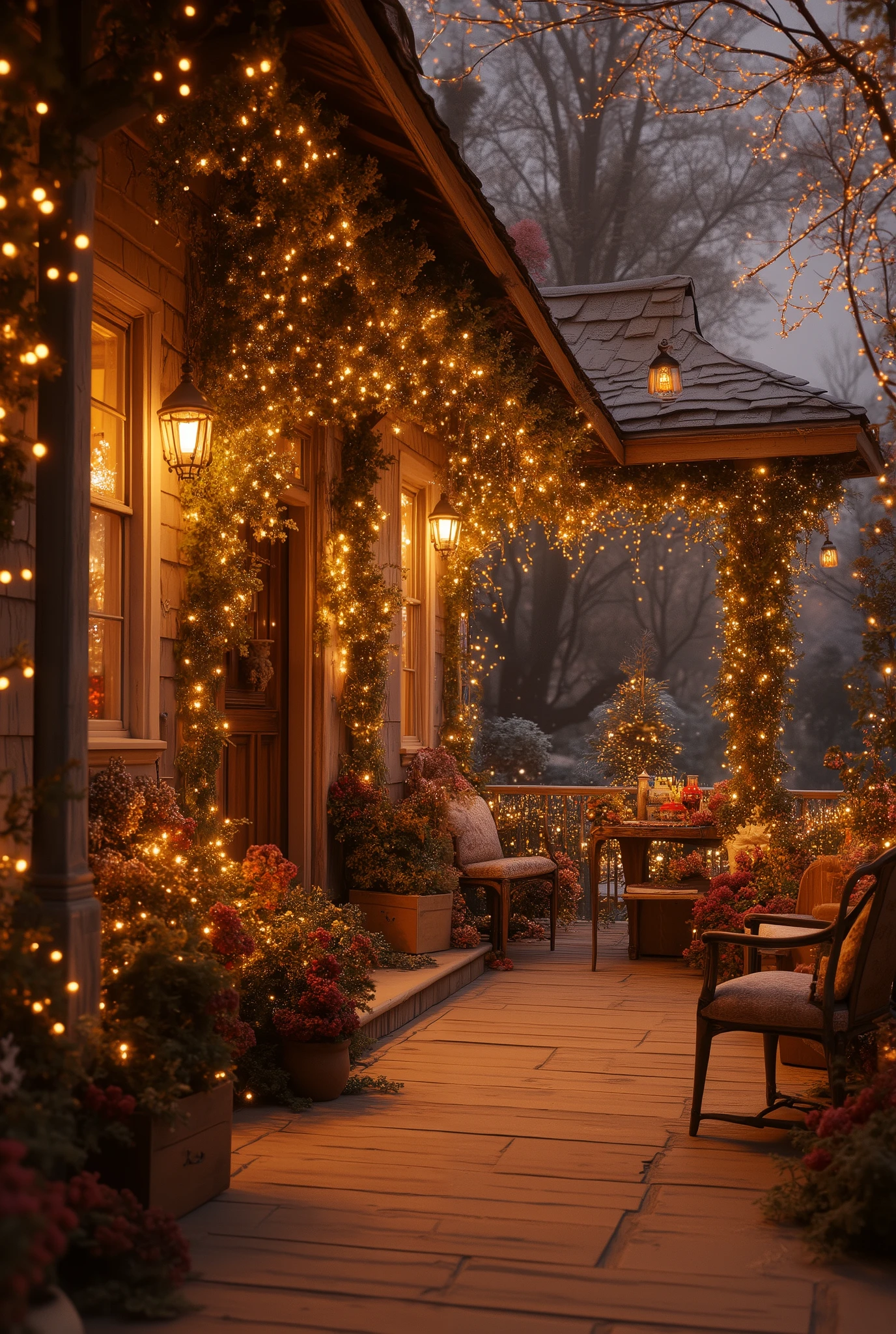 a porch covered in christmas decorations and lights, with a front porch, with lots of thin ornaments, hight decorated, cottagecore!!, lavishly decorated, vivid and detailed, 8k)), cozy place, ornate and detailed, subtle and detailed, wonderful masterpiece, dreamy and detailed, cottagecore, accurate depiction, soothing and cozy landscape