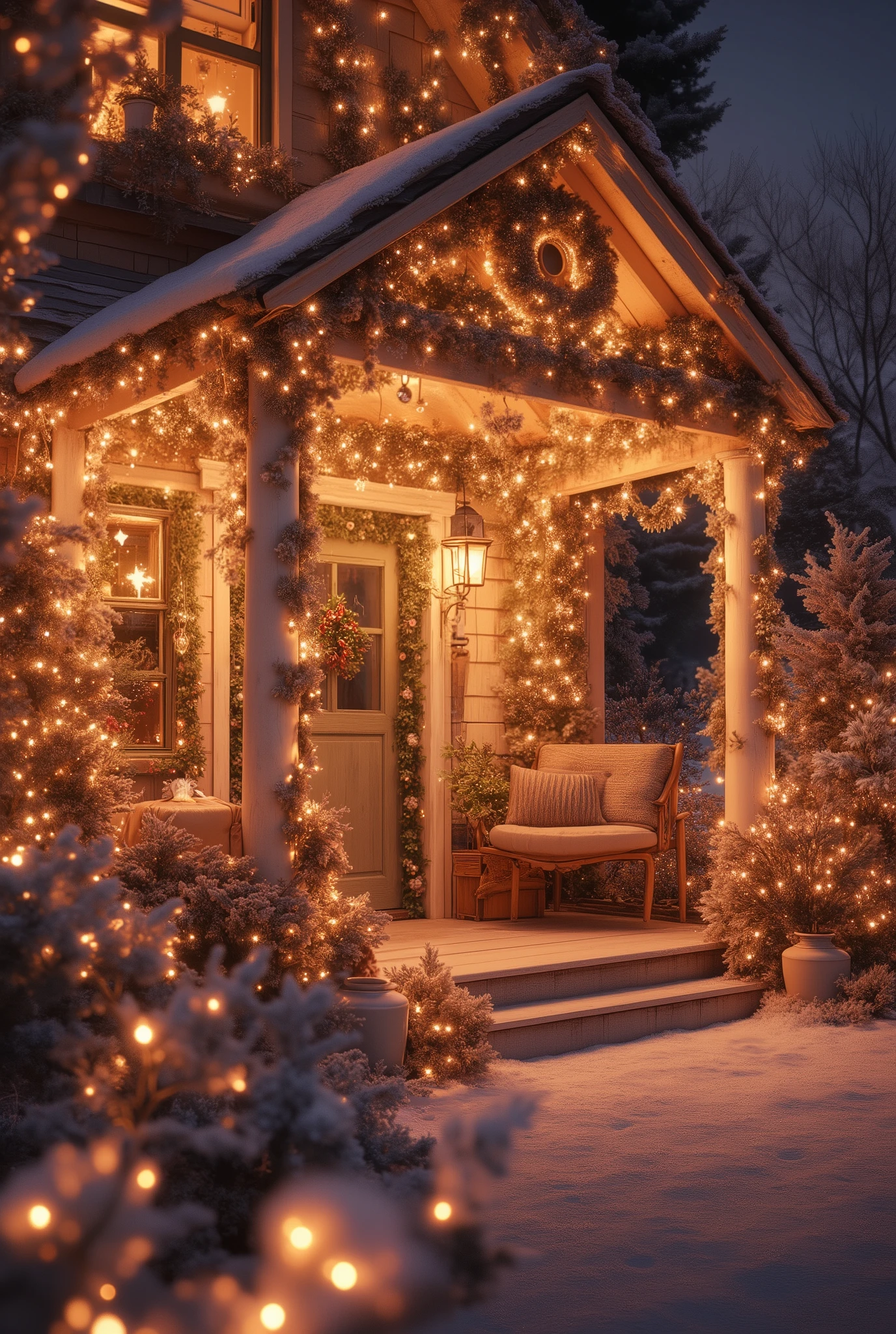 a porch covered in christmas decorations and lights, with a front porch, with lots of thin ornaments, hight decorated, cottagecore!!, lavishly decorated, vivid and detailed, 8k)), cozy place, ornate and detailed, subtle and detailed, wonderful masterpiece, dreamy and detailed, cottagecore, accurate depiction, soothing and cozy landscape