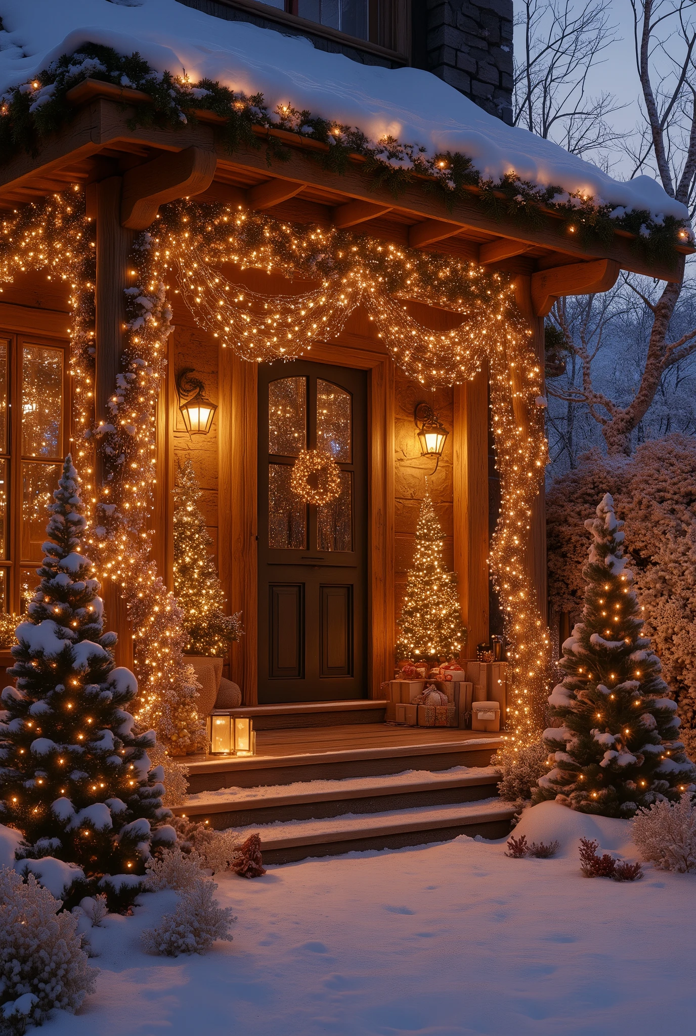 a porch covered in christmas decorations and lights, with a front porch, with lots of thin ornaments, hight decorated, cottagecore!!, lavishly decorated, vivid and detailed, 8k)), cozy place, ornate and detailed, subtle and detailed, wonderful masterpiece, dreamy and detailed, cottagecore, accurate depiction, soothing and cozy landscape
