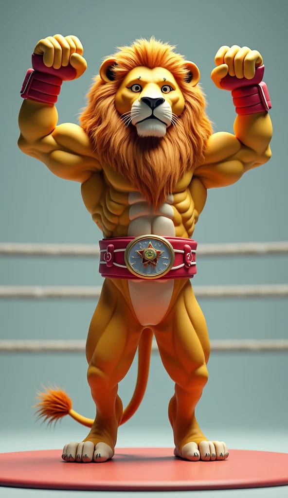 "A real lion with lifelike fur, roaring with an open mouth. The lion is muscular and yellow with a yellow mane, and its torso is uncovered. It is wearing black shorts and is barefoot, standing in a profile pose with one leg bent. The lion is holding a barbell with three black weight plates on each side, lifted above its head with both arms. Around its neck, it wears a gold medal with a red ribbon, and a three-pointed crown rests on its head."