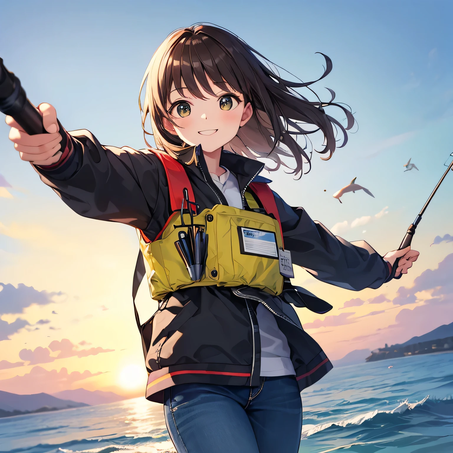 Masterpiece, top quality, ocean and bank, fishing boat, wide shot in the middle, ocean fishing, fishing, woman with beautiful eyes, 20 years old, front, brown hair, fishing cap, smiling face, spinning reel on a precise and well-placed fishing rod, woman wearing latex gloves catching fish, fishing gear, (yellow life jacket), life with many pockets jacket, long-sleeved work clothes, long pants, (employee ID card in horizontal clear case with red string around neck).