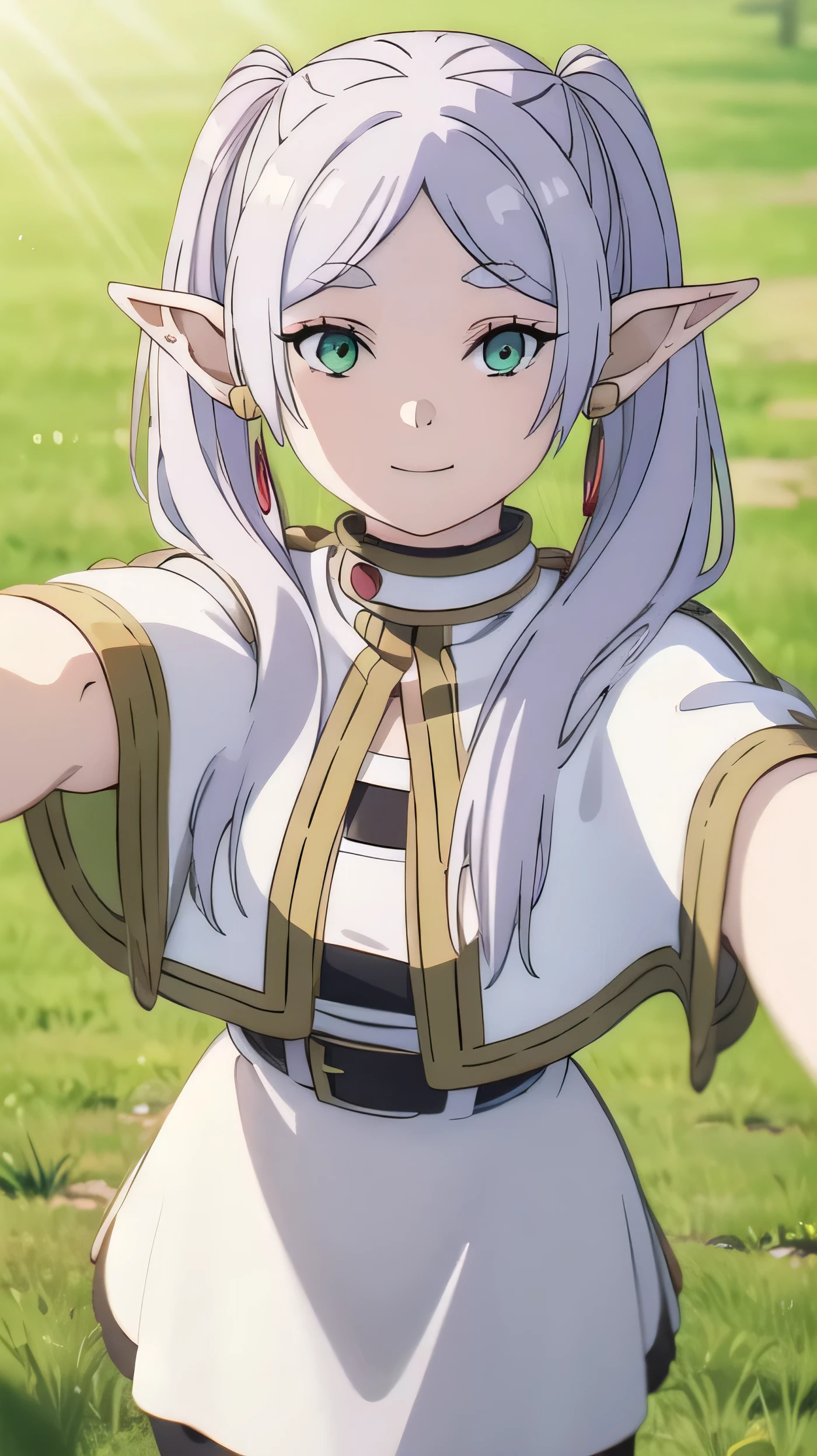 1girl, (masterpiece:1.3), (high resolution), (8K), (extremely detailed), (4k), (pixiv), perfect face, nice eyes and face, (best quality), (super detailed), detailed face and eyes, (solo), textured skin, absurdres, highres, wz_sousou_no_frieren_style, wz_sousou_no_frieren_style, twintails, very long hair, silver hair, pointy ears, elf, white capelet, green eyes, black pantyhose, earrings, white skirt, belt, white sleeves, pov, selfie, light, smile, light rays, sunlight, butterfly, grass, stone street