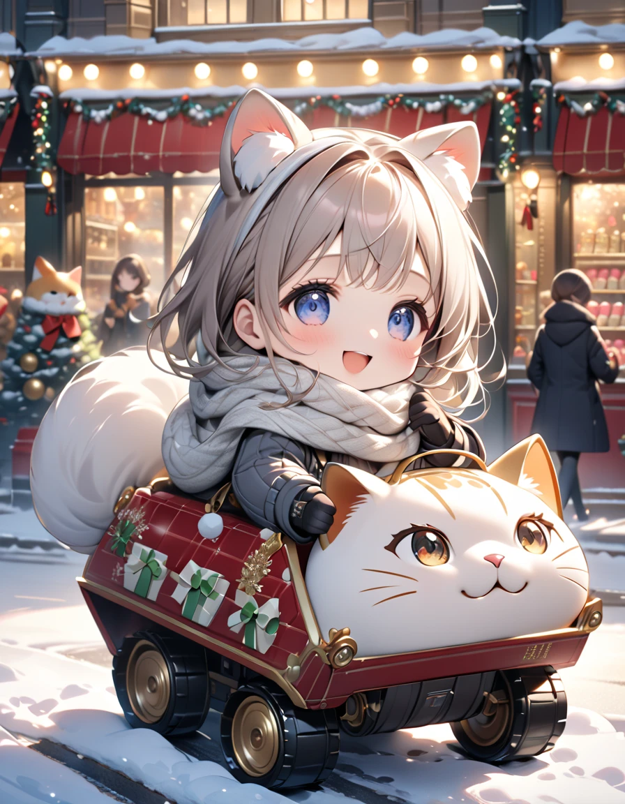 (masterpiece, ultra-detailed, best quality, clear focus, dramatic scene, cinematic), shadow, (ultra-high resolution, 8k), perfect anatomy, perfect face, (detailed face, detailed eye, chibi), cute Japanese chibi girl, famous Japanese chibi idol, very beautiful and cute and cool face, (wearing stylish winter outfit with long coat, woolen scarf and glove:1.2), (large breasts), (She is riding a stylish miniature tank with a giant cat:1.3), the Christmas gift box and Christmas trees are on the rear carrier, (She is in front of the gorgeously Christmas decorated confectionery shop with Christmas illuminations, snow-covered road, these stores at the street are gorgeously decorated with Christmas decorations, professional lighting, (detailed very cute fluffy giant cat is mewing:1.3), she looks so happy, happy smile