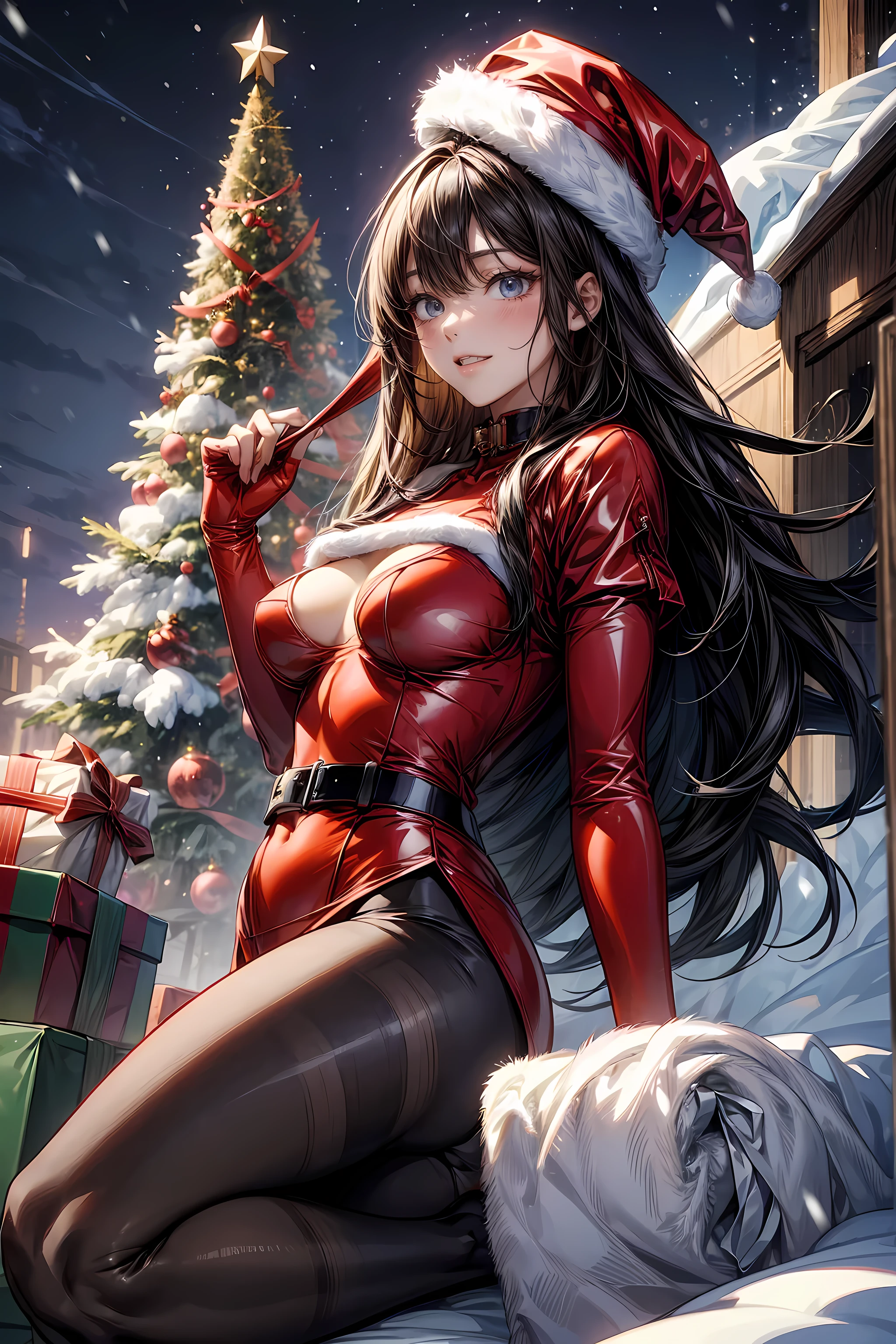 (image board:1.3), ((Santa girl:1.3)), a matured woman with long black hair and a red outfit, red winter coat with bore, scarfs, tigh length long boots, red and green winter outfits, holding present box with wrapping by ribbon:1.5, Christmas tree decorated with many ornaments, wearing red pencil skirt, Arabic, bodyesbian, fine details. girls frontline, beautiful anime illustration, from girls frontline, by Yang J, stunning, 28 years old, (milf:1.3), (solo:1.5), (sfw:1.25), (sagging breast, fuge breasts, big tits, thin waist, big ass:1.2), Raised sexy, (dark mahogany medium short hair, updo, hair over one eye, asymmetric hair, Carly hair, low tied braids), (musulman, white Headscarfs, hair bands, head vandage, Turban), (ultra high resolution, 8K RAW photo, photo realistics, thin outline:1.3, clear focus), best qualtiy, cinematic lighting, textile shading, blurry back ground, field of depth, bokeh, (Bright pupils, fine detailed beautiful eyes with highlight:1.3, high detailed face), Red lip, fine realistic skins:1.1, looking at viewers:1.3, (dynamic angle:1.3, front view:1.1, tight focus:1.3, from below:1.2), (dynamic posing:1.5, sexy posing:1.2, leaning forward), (seductive smile:1.2), centered image, (wearing red long jacket with bore and clothes, ((bare breast:1.37)), gold ornaments, rolling red clothes around waist, dark red long leather boots:1.3, translucent lace pantyhose), (((correct anatomy:1.5, perfect anatomy:1.37))), (in a night:1.3),