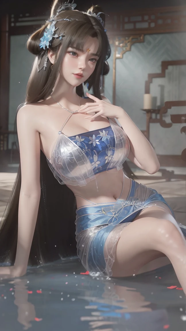 一个女孩  lying in bed in the ruins ，Face up，Lift your legs slightly，Beautiful big breasted girl with super detailed front .  Ultra HD, 4K, 8K, Movie，whole body，Lie down，Long Legs， Very Big chest ，whole body捕捉，（（（  lying in bed in the ruins ））），（（（whole body  lying in bed in the ruins ））），Blue Bed， strapless，Shoulder to Shoulder，  lying in bed in the ruins ，Sleeping on a pillow，Lie down，Headrest，Blue long skirt，Breast details,  Clothing Details , Hair details, Pants Details , Hand details, whole body,Big Breasts、Long Legs,  pale skin 、Watching the audience、 ultra-fine face and eyes、  long blond hair  、((round chest 、 Extremely large breasts :1.3、  huge body  、Extremely large breasts:1.3))、indoor、 upper body、