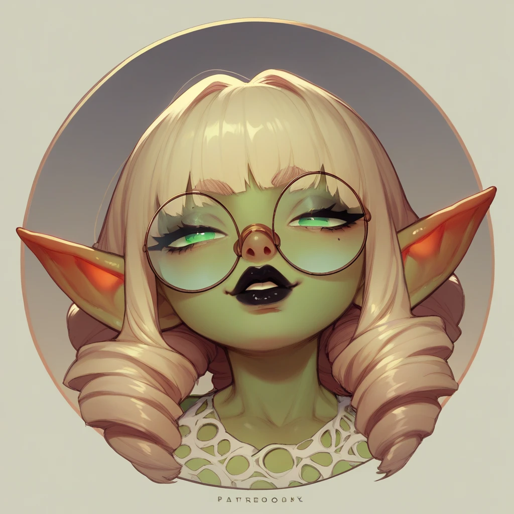 score_9, score_8_up, score_7_up, score_6_up , goblin, green skin, gigantic , seductive, green eyes, bangs, twin drill hair, circle glasses, black lipstick