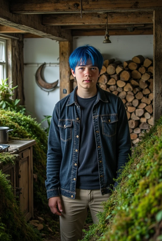 Best quality, masterpiece, ultra-high resolution, surrealism, firewood, moss piled in kitchen corner, an eighteen-year-old boy, blue hair, blue eyes,