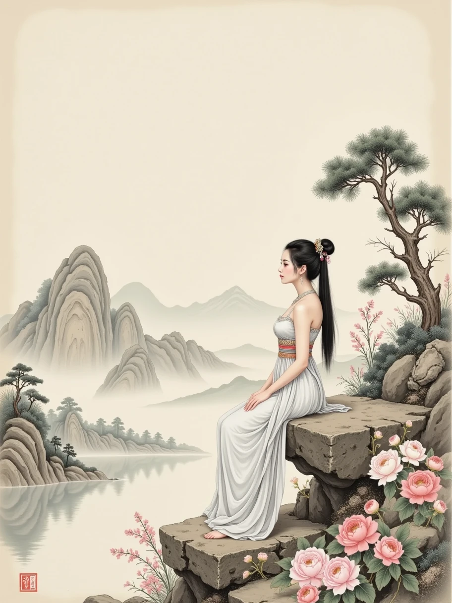 lace，Traditional Chinese landscape，Beige background， Light Grey Fine Grain Texture， Old Paper Texture ， Featured Chinese Art ，Song Dynasty，Rice paper，Goofy, 1girl， Grab a Dust Pen ，Lone clouds，Sit Alone ，Jingting Mountain，Never tire of watching