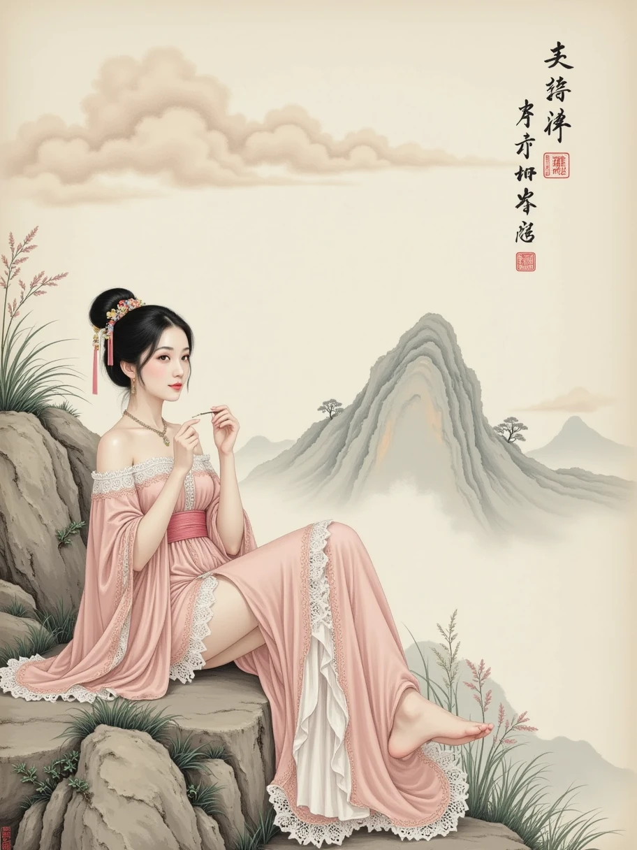 lace，Traditional Chinese landscape，Beige background， Light Grey Fine Grain Texture， Old Paper Texture ， Featured Chinese Art ，Song Dynasty，Rice paper，Goofy, 1girl， Grab a Dust Pen ，Lone clouds，Sit Alone ，Jingting Mountain，Never tire of watching