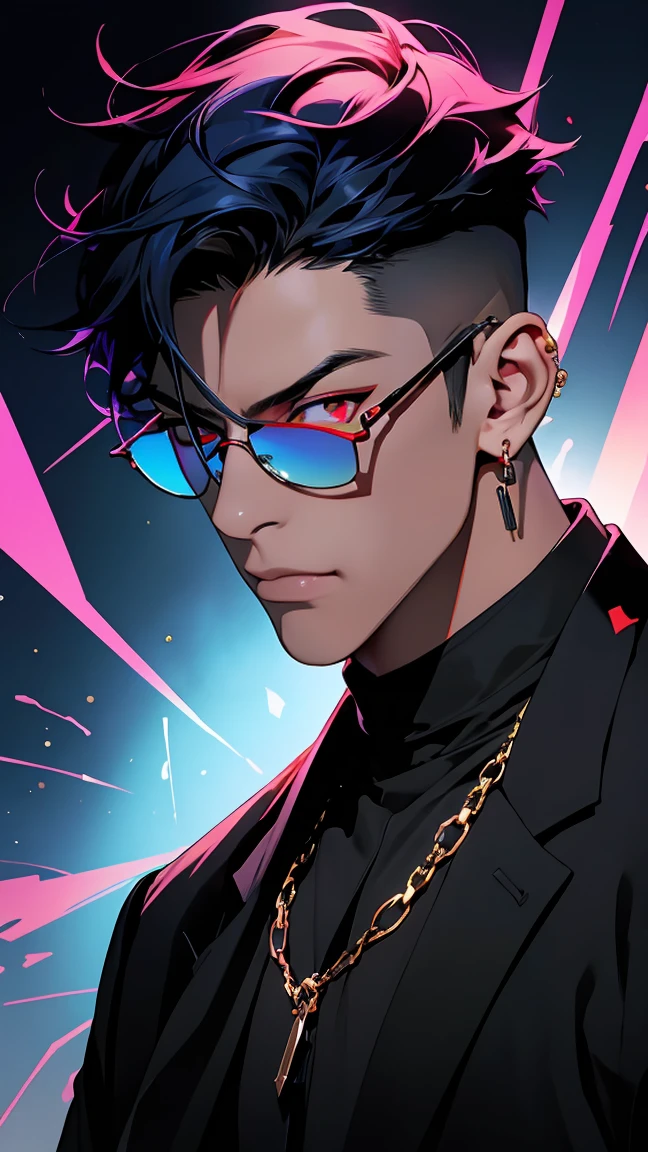 highest quality, 8K, high resolution image, anime style Jujutsu Kaisen, dark skin, (Cú Chulainn (Alter) | Fate | FGO ) detailed strokes, crazy look, piercing gaze, out of focus, purple light is reflected from it, 1 man, young, male, model, hand in pocket, cool guy, multicolored background with various geometric shapes, all around stickers, muscular, DARK BLUE HAIR, Dark Blue hair, red eyes, multicolored hair, blue hair, highlighted hair, Hairstyle: undercut, puffy chest, He is wearing an elegant white shirt and a black suit trousers, gold chain, sunglasses, and a gold link chain, sweatpants, Background: Room, fullbody view