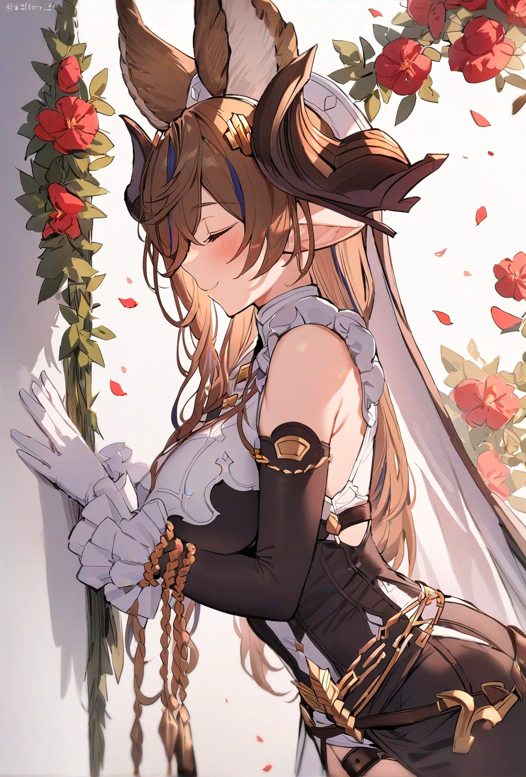 masterpiece, best quality, 1girl, galleondef, horns, closed eyes, dress, white gloves, frills, detached sleeves, frilled sleeves, thighhighs, thigh strap, flower, from side, portrait, red flower, simple background, twitter username, white background, blush, closed mouth, looking away, smile, solo, standing