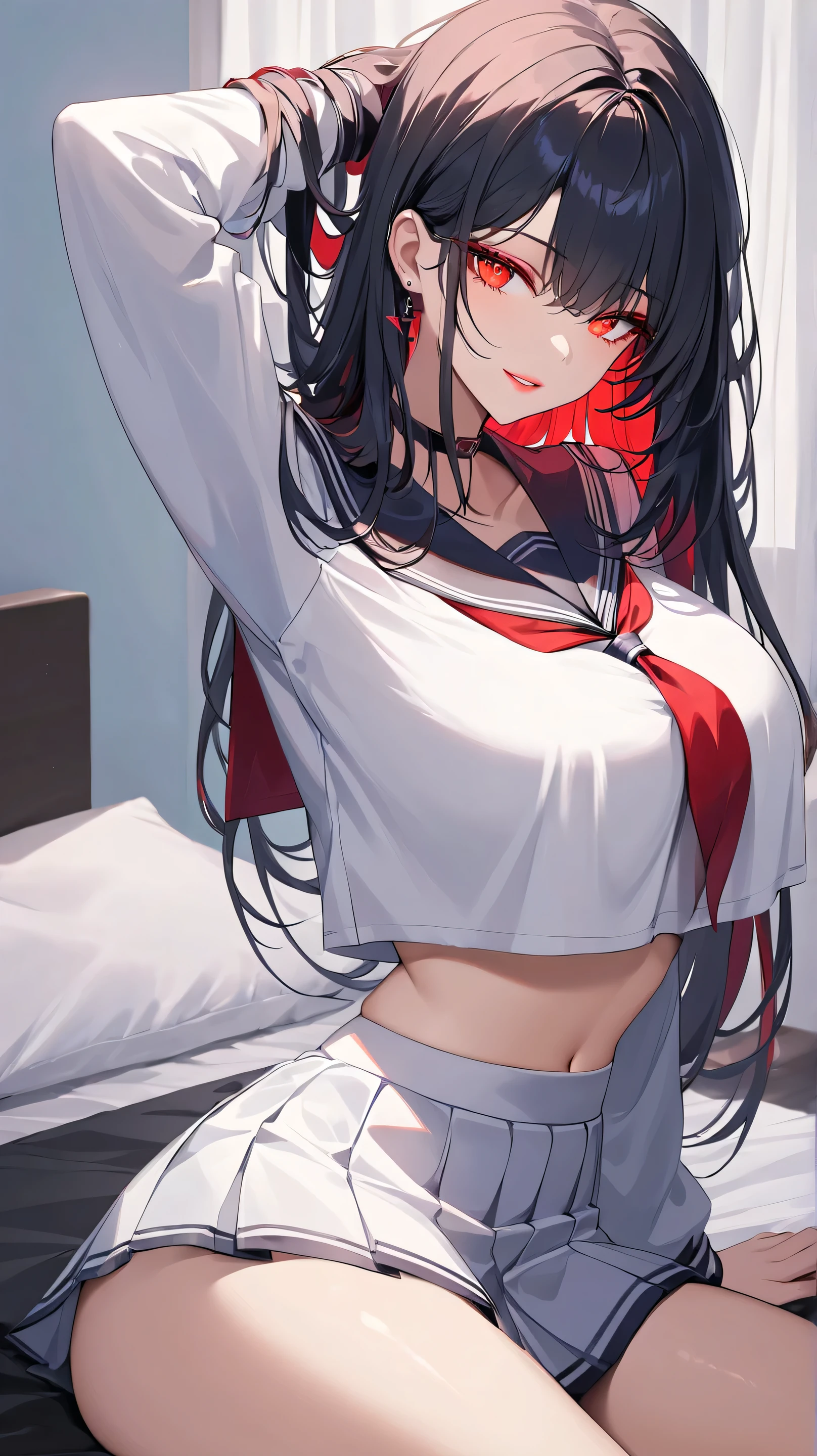 Highest quality、Best image quality、Ultra-high resolution、Ultra-high resolutionで描画、Red yukata、Lie face up on the futon、Disheveled yukata、Unraveled ?????、Sweat、The clavicle is visible、、、Bright red yukata、White underwear、Beautiful black hair、Red eyes、Long Hair、looking at the camera、Eye highlights、Sweatだく、Fold your arms above your head、Raise your arms、Raise your arms to show your sides、On the futon、Lying on your back