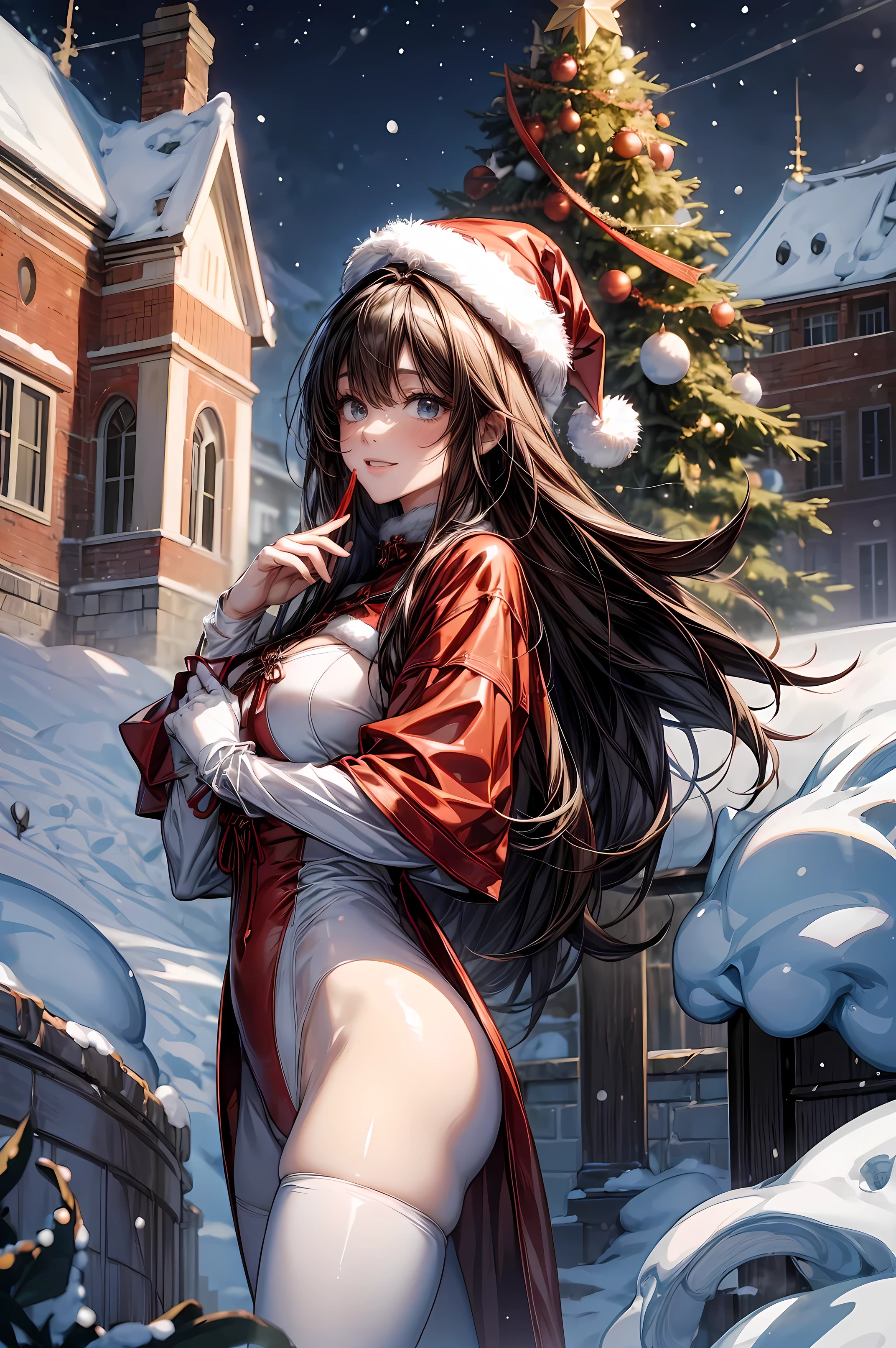 highlydetailed skin, extra detailed face, (beatiful detailed eyes, The girl smiles, Blushing cheeks), (A girl stands straight), The girl is cute 18 years old, ((No panties, Beautiful, Thin pubic hair)), (No bra, Naughty, pretty nipple), Lifting the skirt with your hands, Santa Costume, a short skirt, brown haired, Braided pigtails, Ribbon hair ornament, Santa's Hat, long heel boots, Back alley at night covered in snow, a lot of snow falling in the air, ((Shot from the front so that the girl's whole body can enter)),