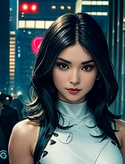  top quality　female spy with long black hair　Sharp Eye　Assassin　sleeveless tube top bodysuit（White pattern　 chest is exposed）　  cyberpunk city at night 