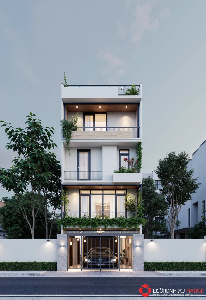 This image showcases a contemporary town-story house design, typical of urban Vietnamese architecture. The design prioritizes vertical space, integrates natural elements, and maintains a clean, modern aesthetic.
Structure and Form: The house is tall and narrow, maximizing the use of a limited footprint. The facade is primarily a light gray or concrete finish, providing a neutral backdrop. Clean lines and rectangular shapes define the structure.
Greenery: Integrated plants and greenery are a key feature. Planter boxes on each balcony and cascading vines create a vertical garden effect, softening the building's hard lines and bringing nature into the urban environment. The top floor features a more substantial planter box with a variety of plants, including some flowering species. A light-colored wood privacy screen on the top floor adds warmth and complements the greenery.
Entrance and Gate: The ground floor features a combined entrance and garage space. The gate is a mix of dark gray metal and warm-toned wood, adding visual interest and a touch of elegance. A low hedge provides privacy and defines the boundary of the property.

Windows and Balconies: Large windows and glass doors on each floor maximize natural light and ventilation. The windows likely have dark frames, creating a contrast with the lighter facade. The balconies have simple metal railings.

Rooftop Structure: A metal and glass awning or pergola covers the rooftop terrace, providing shade and a designated outdoor space.

Surroundings and Context: The house is situated in an urban environment, with trees and other buildings visible in the background. A black car parked on the street adds to the sense of scale and suggests an urban setting.

Overall Impression: The house design is modern, functional, and environmentally conscious. The integration of greenery softens the urban setting and creates a visually appealing facade. The mix of materials, including concrete, wood, and metal