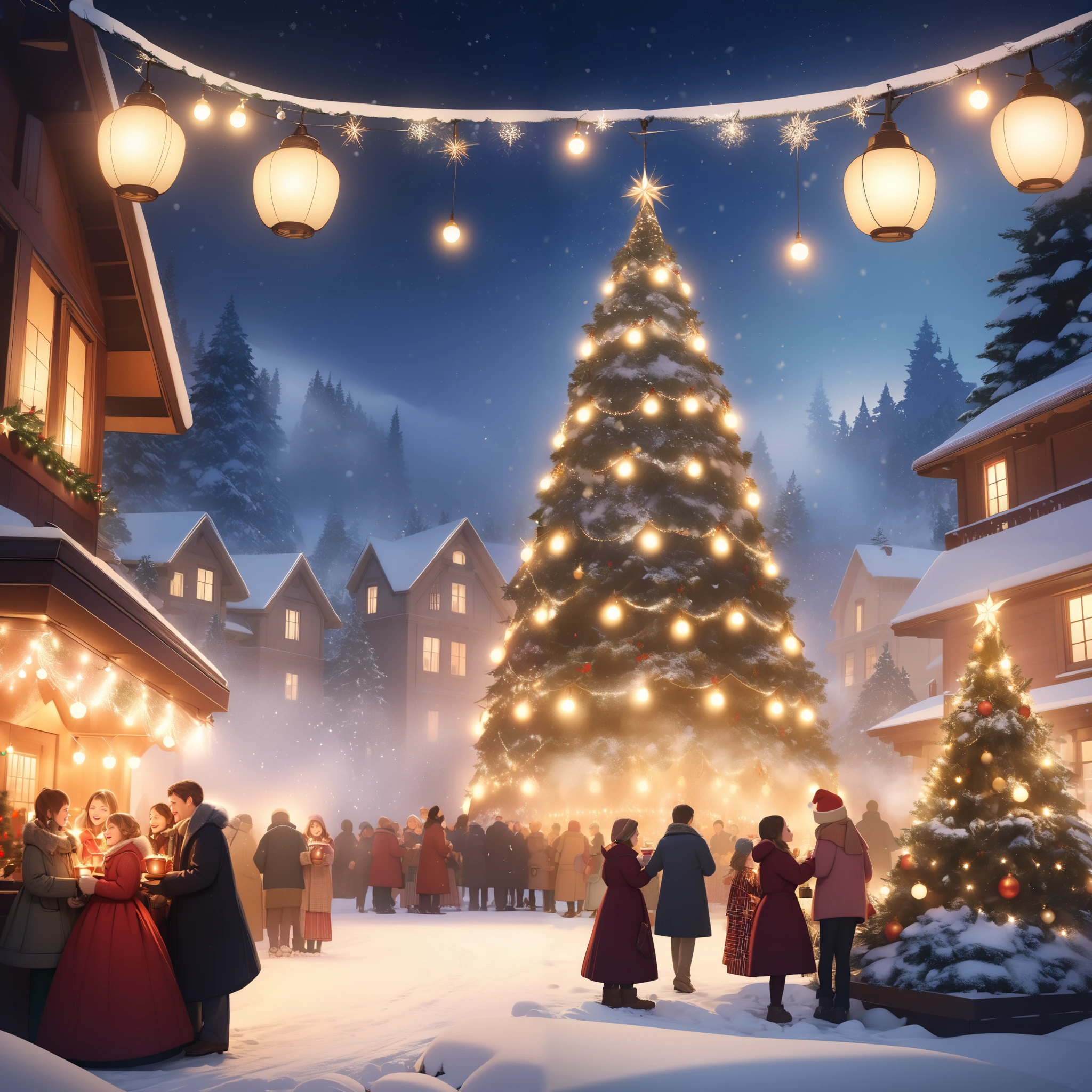 A beautifully decorated Christmas tree, sparkling lights, cozy atmosphere, warm winter night, snowfall, snowy landscape, family gathering, joyful celebration, festive ornaments, twinkling fairy lights, glowing lanterns, hot cocoa, ren playing, carolers singing, vintage style, cinematic lighting, atmospheric fog, detailed realistic rendering, vibrant colors, magical winter wonderland