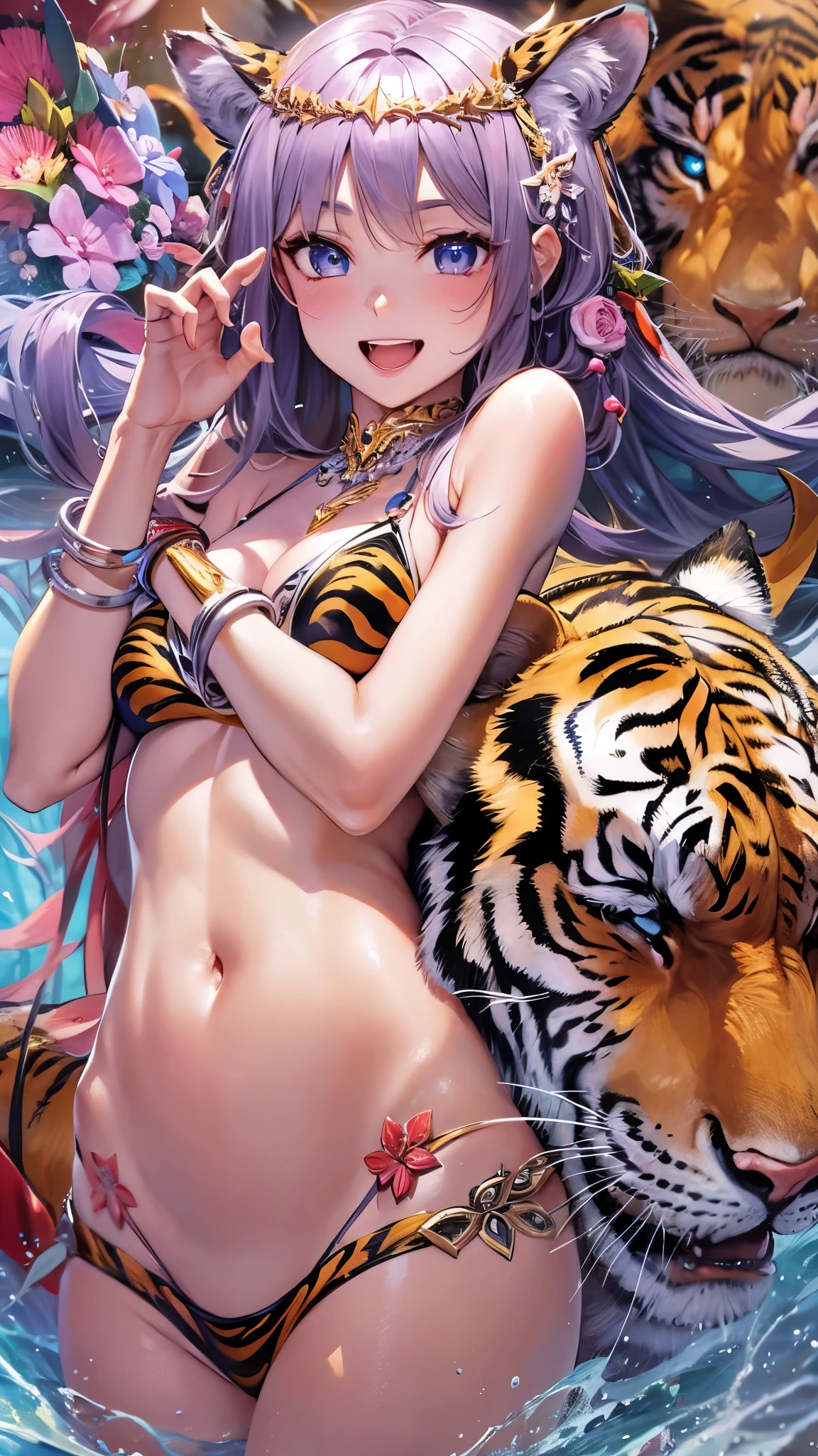 (​masterpiece, top-quality, Official art:1.2)Look at viewericro bikini, tiger and girl, Tiger painting}A flash of light runs, Colorful water levitation(2D:1.5),