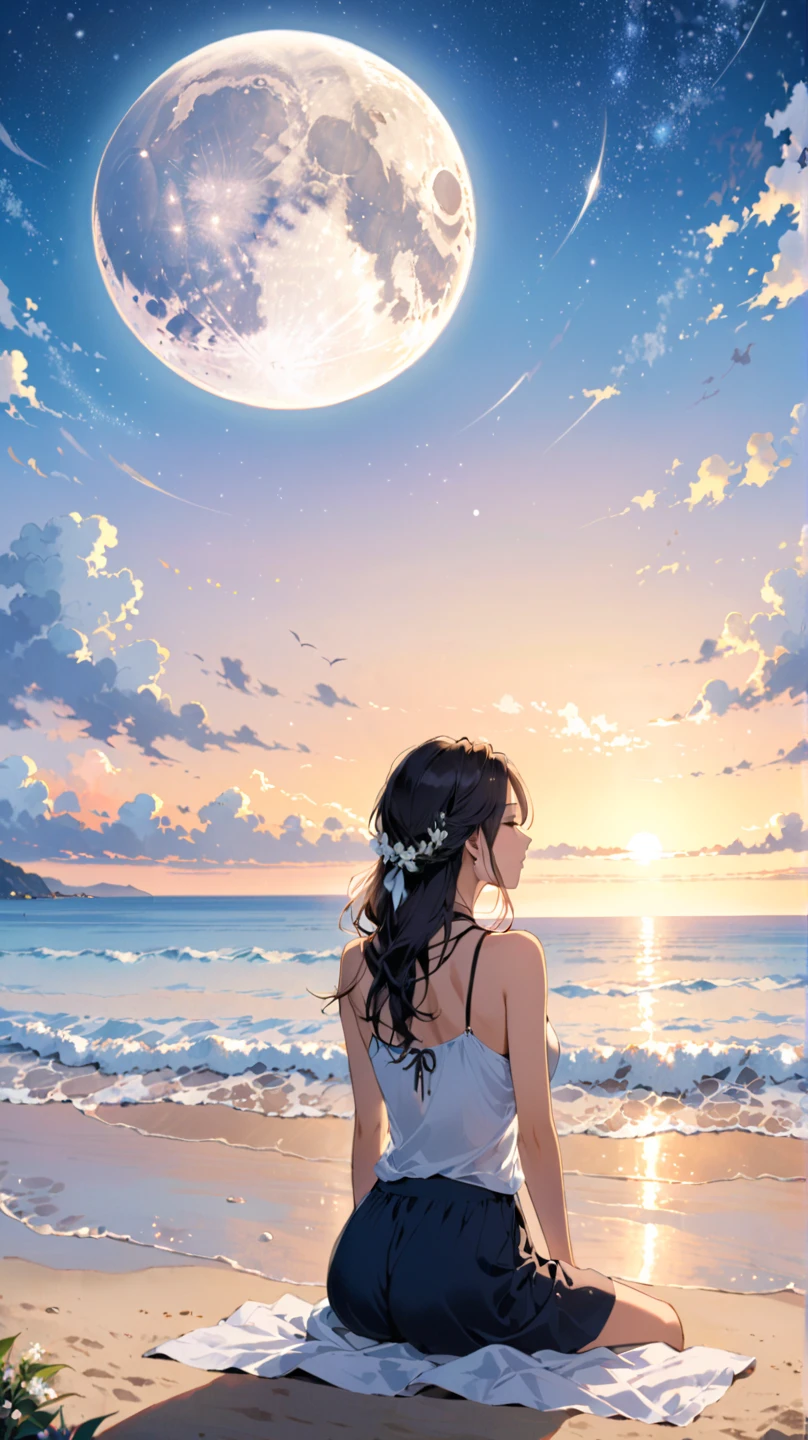   female in her 20s　Seaside　Healing　morning　 moon　Take a deep breath　 imaginary