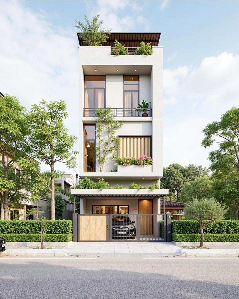 This image showcases a contemporary town-story house design, typical of urban Vietnamese architecture. The design prioritizes vertical space, integrates natural elements, and maintains a clean, modern aesthetic.
Structure and Form: The house is tall and narrow, maximizing the use of a limited footprint. The facade is primarily a light gray or concrete finish, providing a neutral backdrop. Clean lines and rectangular shapes define the structure.
Greenery: Integrated plants and greenery are a key feature. Planter boxes on each balcony and cascading vines create a vertical garden effect, softening the building's hard lines and bringing nature into the urban environment. The top floor features a more substantial planter box with a variety of plants, including some flowering species. A light-colored wood privacy screen on the top floor adds warmth and complements the greenery.
Entrance and Gate: The ground floor features a combined entrance and garage space. The gate is a mix of dark gray metal and warm-toned wood, adding visual interest and a touch of elegance. A low hedge provides privacy and defines the boundary of the property.

Windows and Balconies: Large windows and glass doors on each floor maximize natural light and ventilation. The windows likely have dark frames, creating a contrast with the lighter facade. The balconies have simple metal railings.

Rooftop Structure: A metal and glass awning or pergola covers the rooftop terrace, providing shade and a designated outdoor space.

Surroundings and Context: The house is situated in an urban environment, with trees and other buildings visible in the background. A black car parked on the street adds to the sense of scale and suggests an urban setting.

Overall Impression: The house design is modern, functional, and environmentally conscious. The integration of greenery softens the urban setting and creates a visually appealing facade. The mix of materials, including concrete, wood, and metal