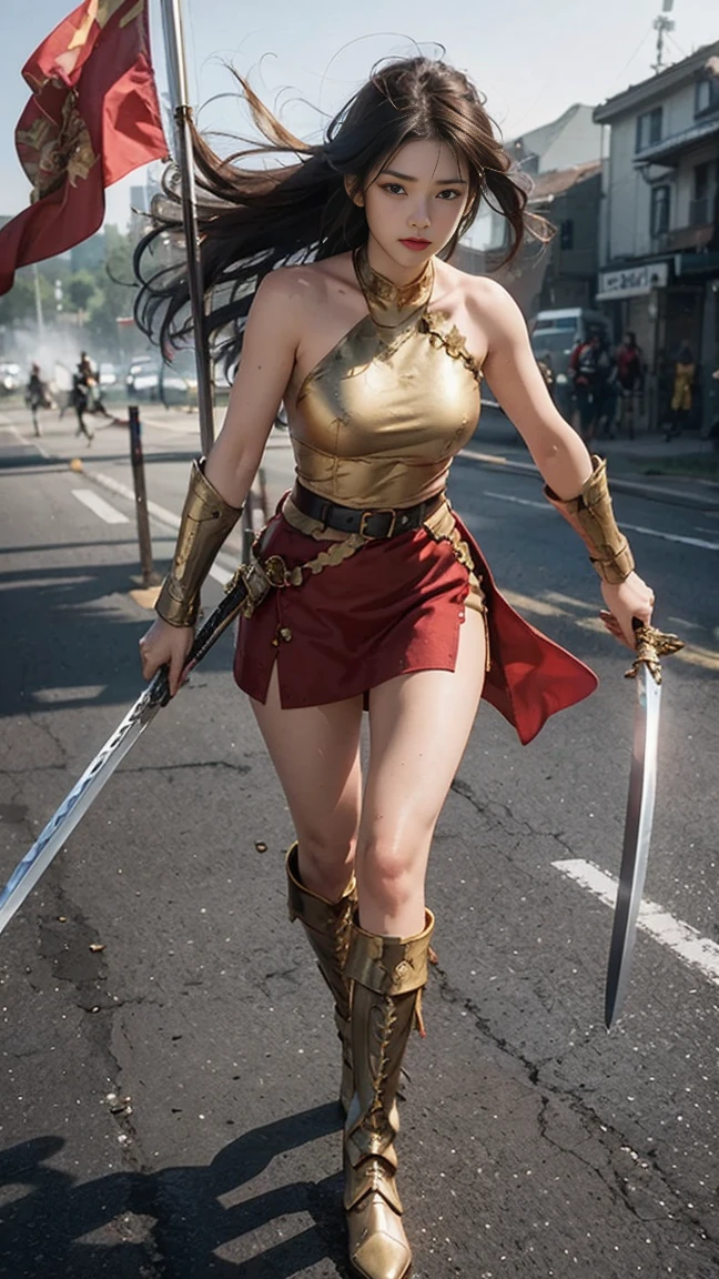 Masterpiece, best quality, 1girl, A beautiful girl, she is a knight in a full body armor, gold armor, a longsword in her hand, is now walking back from battlefield, few skin wounds and skin scratches, pouring rain, lightning. Expansive view in the background, mountains, grey cloud, muddy footpath