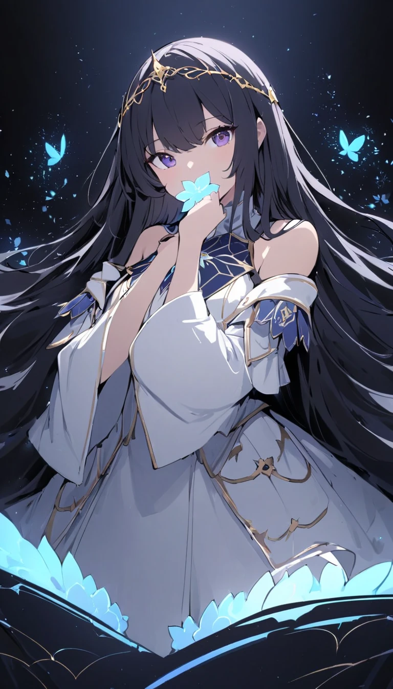   masterpiece  ,  top quality, Julia Fe,   1 girl in uniform, Alone,  long hair,  watching viewers, , smile,  negative space, ( bioluminescence :1.2),  Darkness,  Dark Backgrounds ,  Long Sleeve ,  dress, Bare shoulders,  pose using medium bust , very  long hair,  wide sleeve over mouth, Cape, white  dress,  circlet 