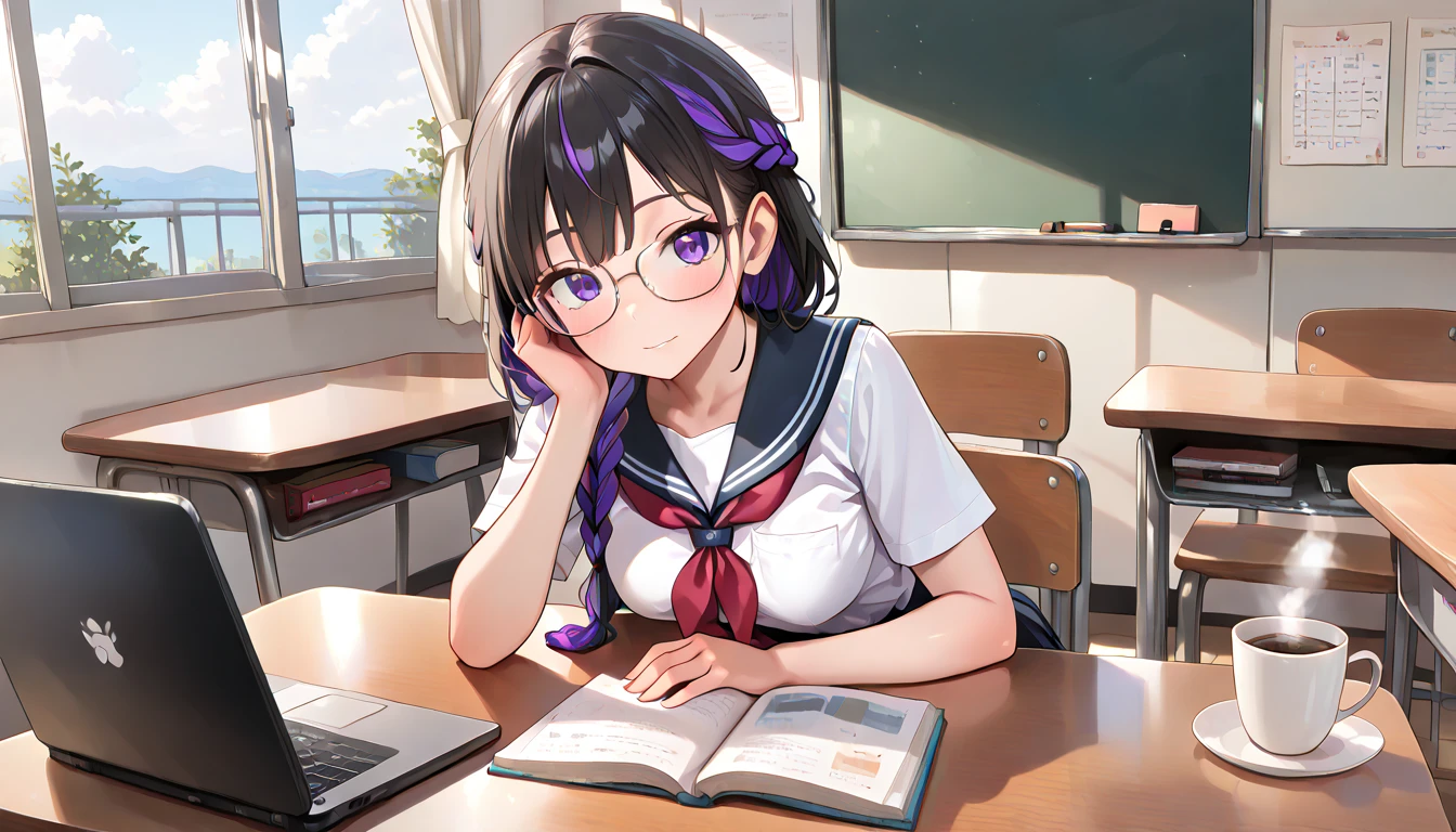 ((top quality)),((masterpiece)),((perfect face)),(ultra-detailed),ultra high res, 8k, 1girl, solo, braided hair, glasses, streaked hair, school uniform, coffee, laptop, classroom, exquisite, (very aesthetic:1.2), (absurdres:1.2), (detailed background),newest, perfect anatomy, 