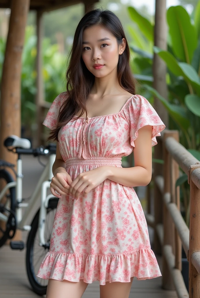 Dslr photo, (8k, 4k, masterpiece),beautiful pretty filipina asian woman, smiling, laughing, sunny, summer, bright, (girly), (feminine), outdoors, street, spaghetti strap pink floral sun dress, summer dress, long dark hair, bracelets, arm bands, blurry background, (lower hands on hips), (elbows out), high heels, single foot raised, cute, full subject in frame, full body view, holding purse, front view, (upper hands on head), (extraarms:1.2), (four arms:1.2), bare shoulders, (lower hands on stomach:1.2)