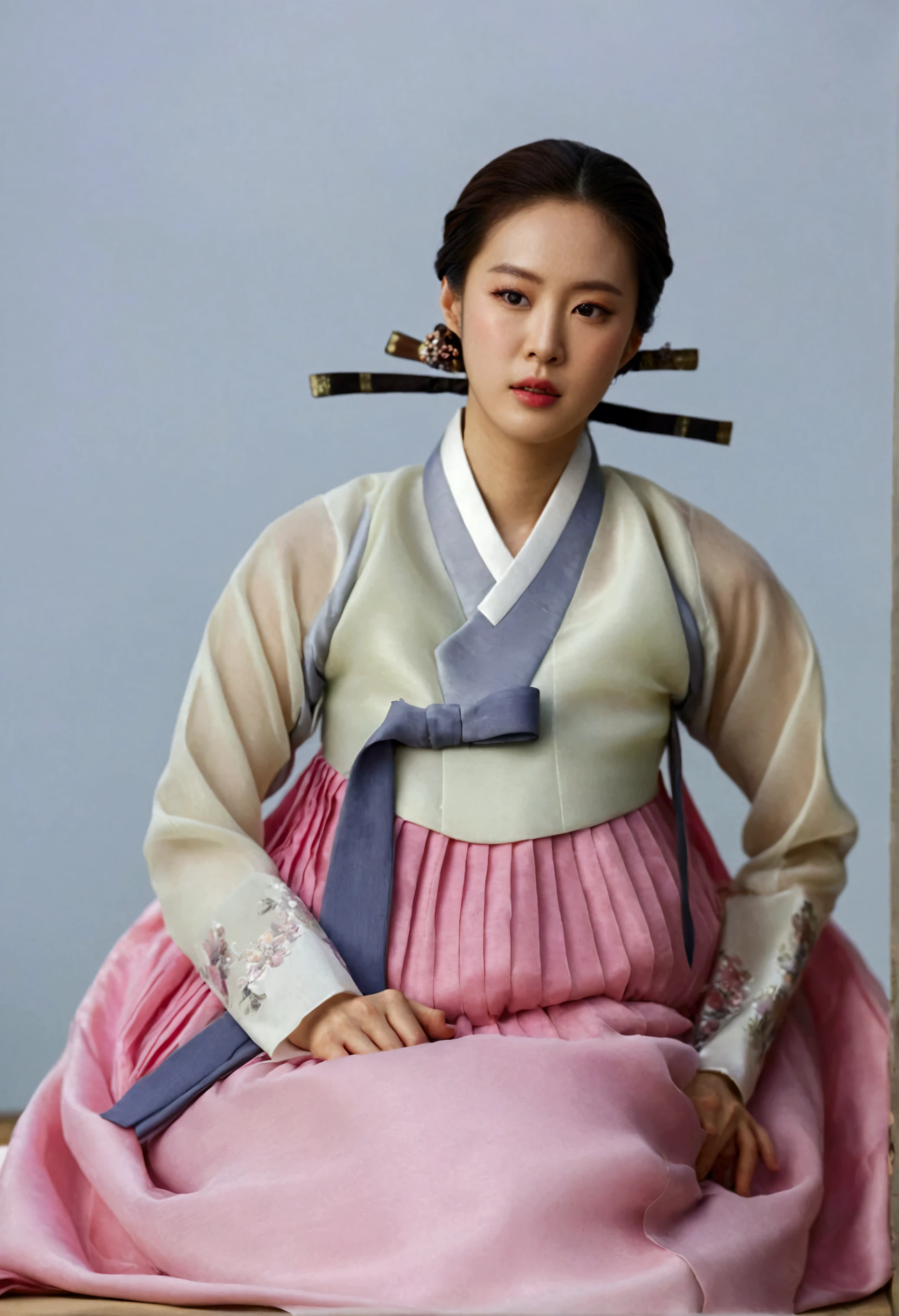  very clear image quality ,  best quality , 8k,  A Korean man is wearing a women's hanbok ,  He's a female man ,  His chest has big breasts like a woman,  His face is very masculine , His hair is short like a man's,  A luxurious woman's hanbok made of silk , The Hanbok jacket is very small ,  pink and white, Sitting modestly