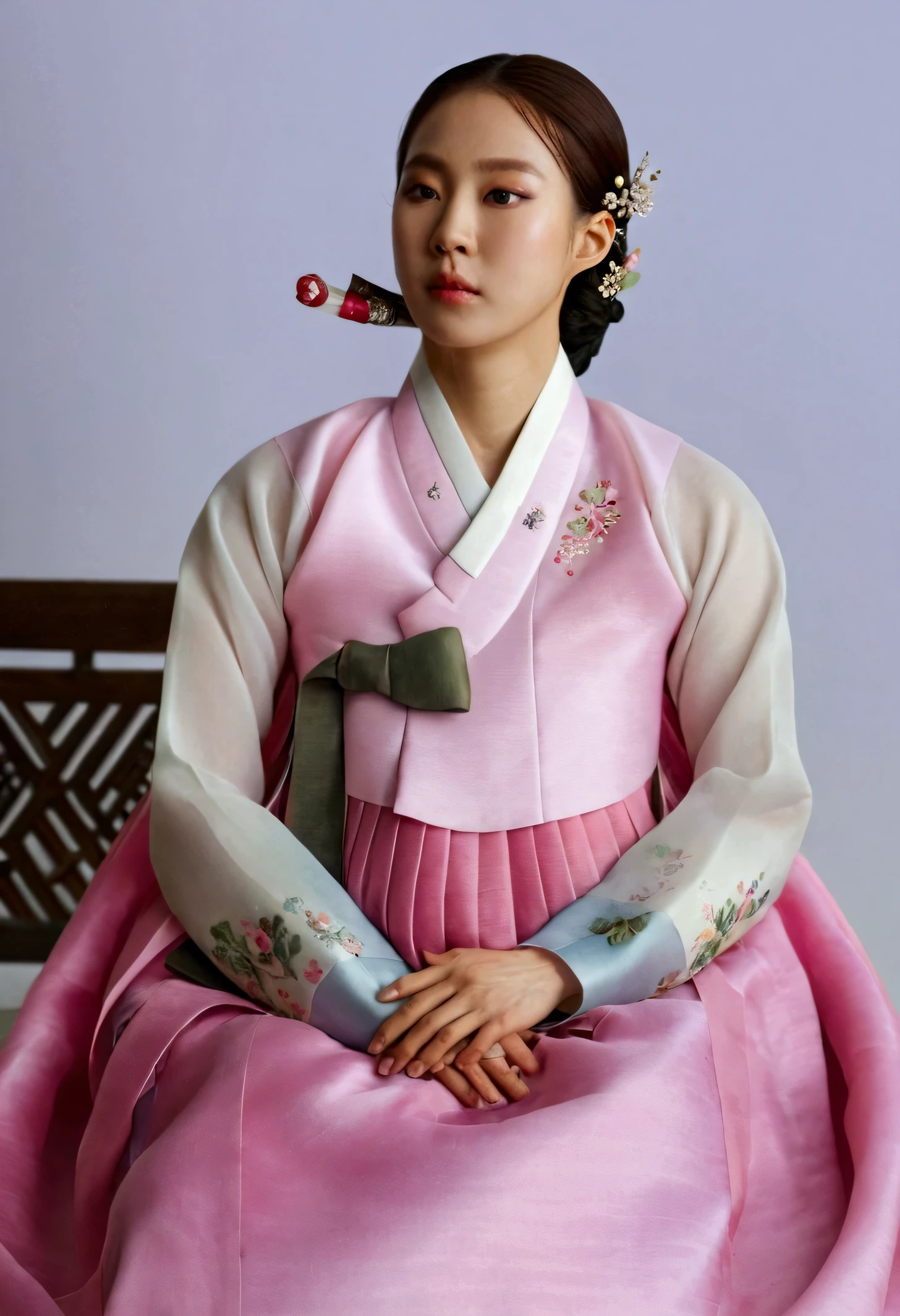  very clear image quality ,  best quality , 8k,  A Korean man is wearing a women's hanbok ,  He's a female man ,  His chest has big breasts like a woman,  His face is very masculine , His hair is short like a man's,  A luxurious woman's hanbok made of silk , The Hanbok jacket is very small ,  pink and white, Sitting modestly