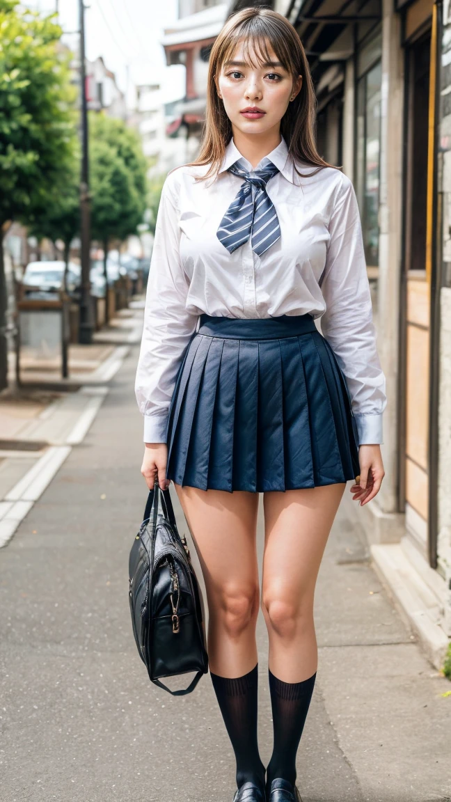 a beautiful 18 year old Japanese high school girl with perfect anatomy, healthy thighs, beautiful legs, beautiful skin, random hair color and style, large breasts, (wearing a Japanese schoolgirl uniform:1.3), (she is standing:1.2), penny loafers, holding a student bag, full body shot, standing on a city street, (best quality,4k,8k,highres,masterpiece:1.3),(extremely detailed:1.2),photorealistic,ultra-detailed,vivid colors, studio lighting, professional