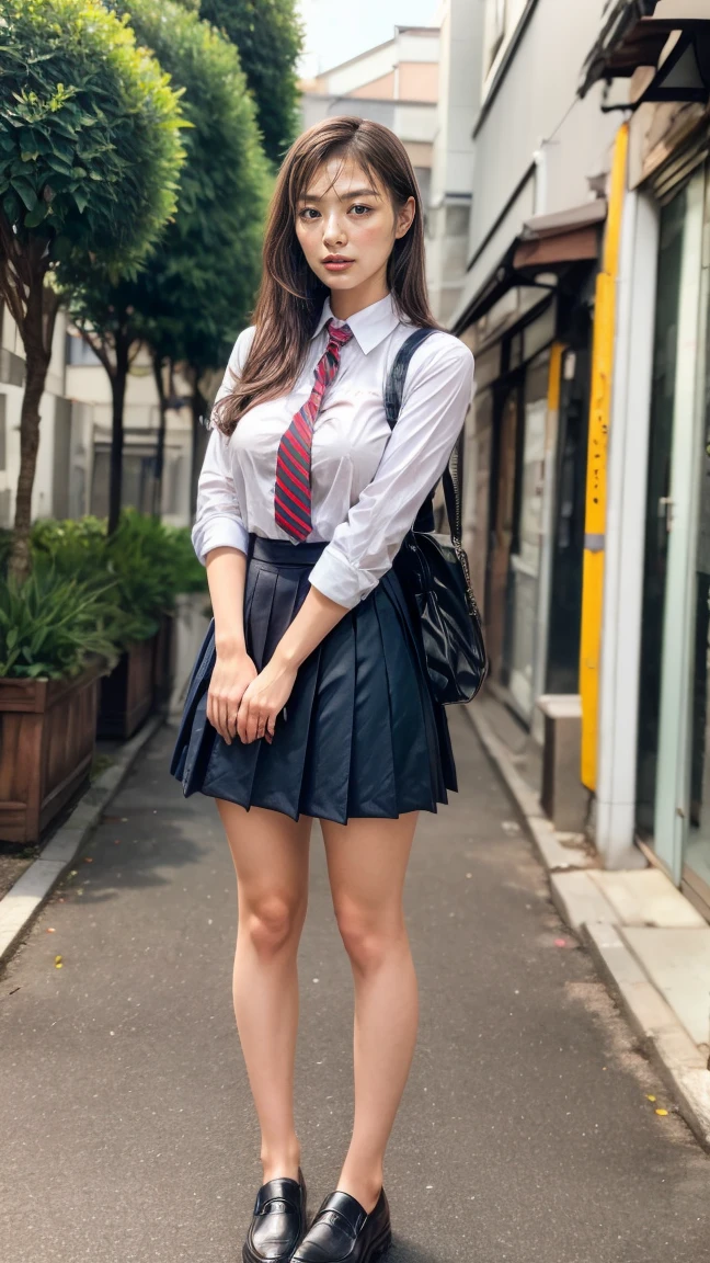 a beautiful 18 year old Japanese high school girl with perfect anatomy, healthy thighs, beautiful legs, beautiful skin, random hair color and style, large breasts, (wearing a Japanese schoolgirl uniform:1.3), (she is standing:1.2), penny loafers, holding a student bag, full body shot, standing on a city street, (best quality,4k,8k,highres,masterpiece:1.3),(extremely detailed:1.2),photorealistic,ultra-detailed,vivid colors, studio lighting, professional