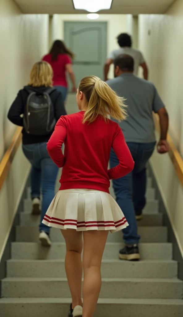  side shot of a group of people running downstairs， Take a picture of a group of people going downstairs in a classroom stairwell，The back of a blond hair ，Wearing a red cheerleader uniform ， in a white pleated dress is the focus of the picture ，A back shot 