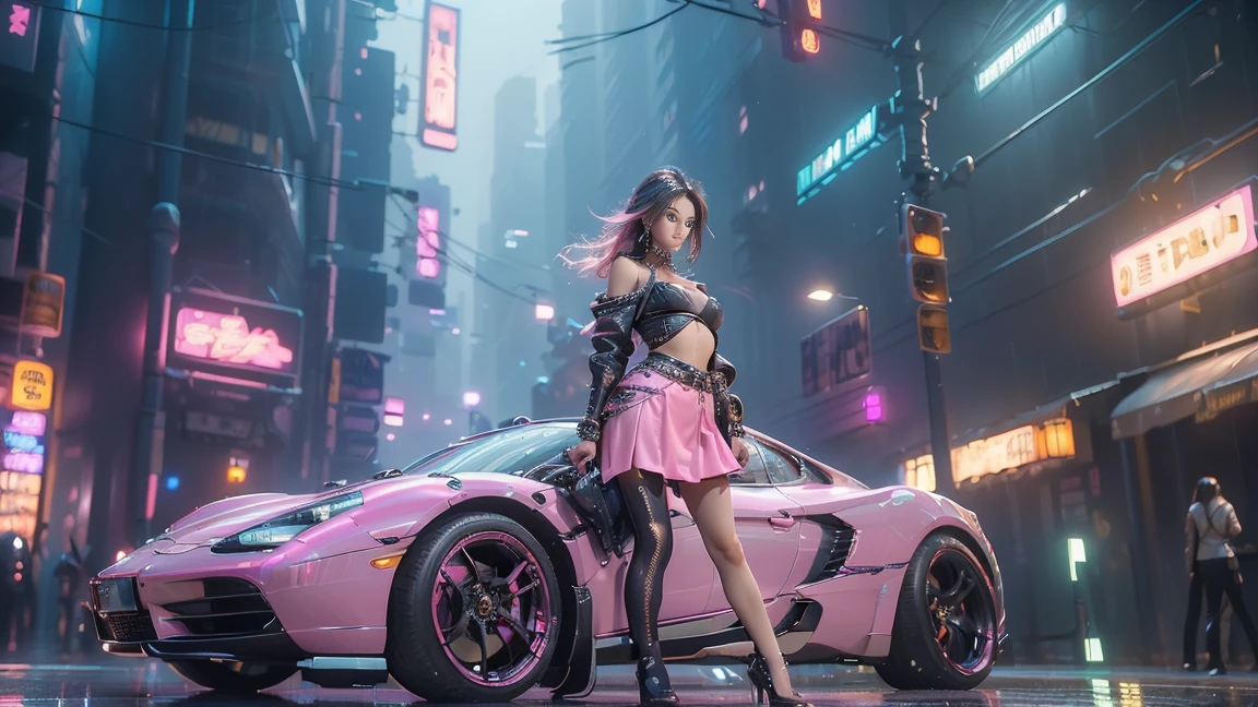 (Realistic:1.3, 16k, highest quality, masterpiece, Ultra-high resolution), ((light rain, From below)), Perfect dynamic composition:1.2, (Modern futuristic city at night, Expressions of sadness:0.5, retrowave art background retrowave car, Highly detailed skin and facial textures:1.2, Young Japanese Woman, Incredibly slim body, Fair skin, Sexy beauty, Very beautiful face, beautifully、aesthetic, (Pink tight skirt, Wear cyberpunk clothes), (Shapely breasts, Chest gap), (Big eyes that exude beautiful eroticism, Lips that exude beautiful eroticism), necklace, Earrings, bracelet, wedding ring, Shoulder bag, clock, sunglasses, retrowave art background retrowave car Cowboy Shot