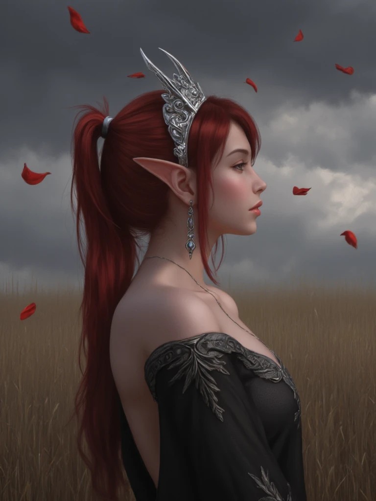 Digital painting of a female elf character in a side profile. The elf has long, flowing red hair and pointed ears, characteristic of her mythical nature. Her skin is pale, and she has delicate facial features, including high cheekbones and a serene expression. She is adorned with an intricate silver tiara and matching jewelry, including earrings and a necklace. Her attire is a detailed black gown with silver embroidery, adding to the regal and mystical appearance. The background is a moody, overcast sky with swirling clouds, and she stands in a field of tall, dry grass, with red petals or leaves floating around her, enhancing the ethereal atmosphere of the scene.