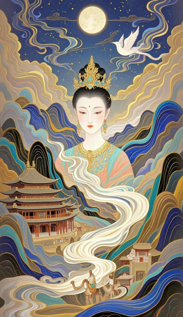 Thangka, Chinese style illustrations，Silk Road，camel，Dunhuang，Chinese ancient buildings，Cloisonne， Cloisonne enamel ，antiquity，Crescent Moon，Buddha，The Flying Fairy，Portrait of Guanyin，Double Exposure，guard