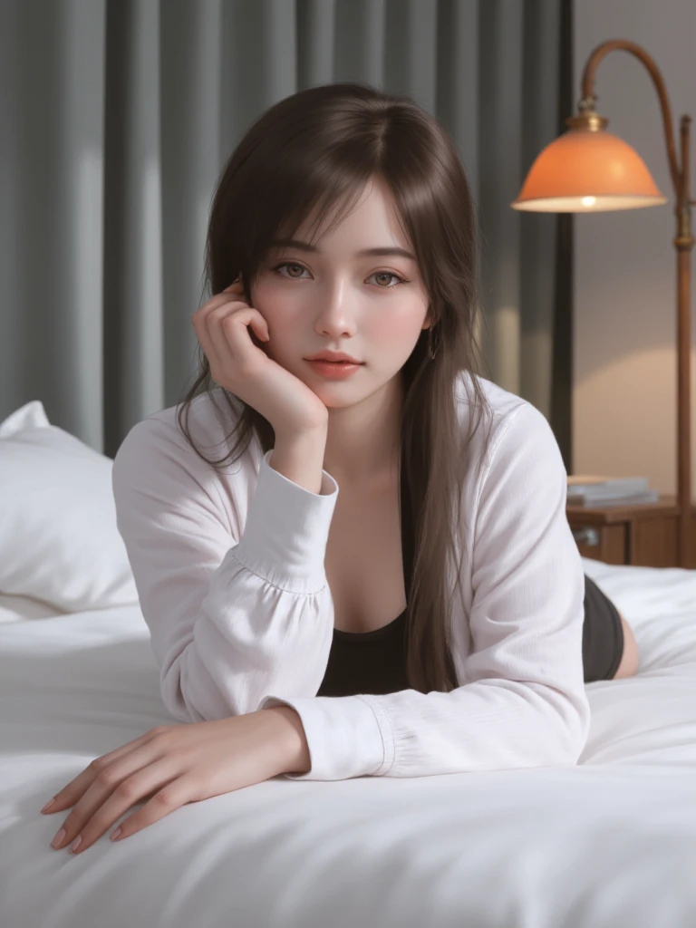 Digital painting of a young woman with fair skin and long, light brown hair. She is lying on a bed with white sheets, wearing a white shirt and black undergarments. Her facial expression is neutral, with a direct gaze towards the camera. The room has a modern aesthetic, with a grey curtain and a wooden lamp with an orange shade in the background. The lighting is soft, creating a calm and intimate atmosphere. The composition focuses on the subject, with a shallow depth of field that blurs the background slightly.