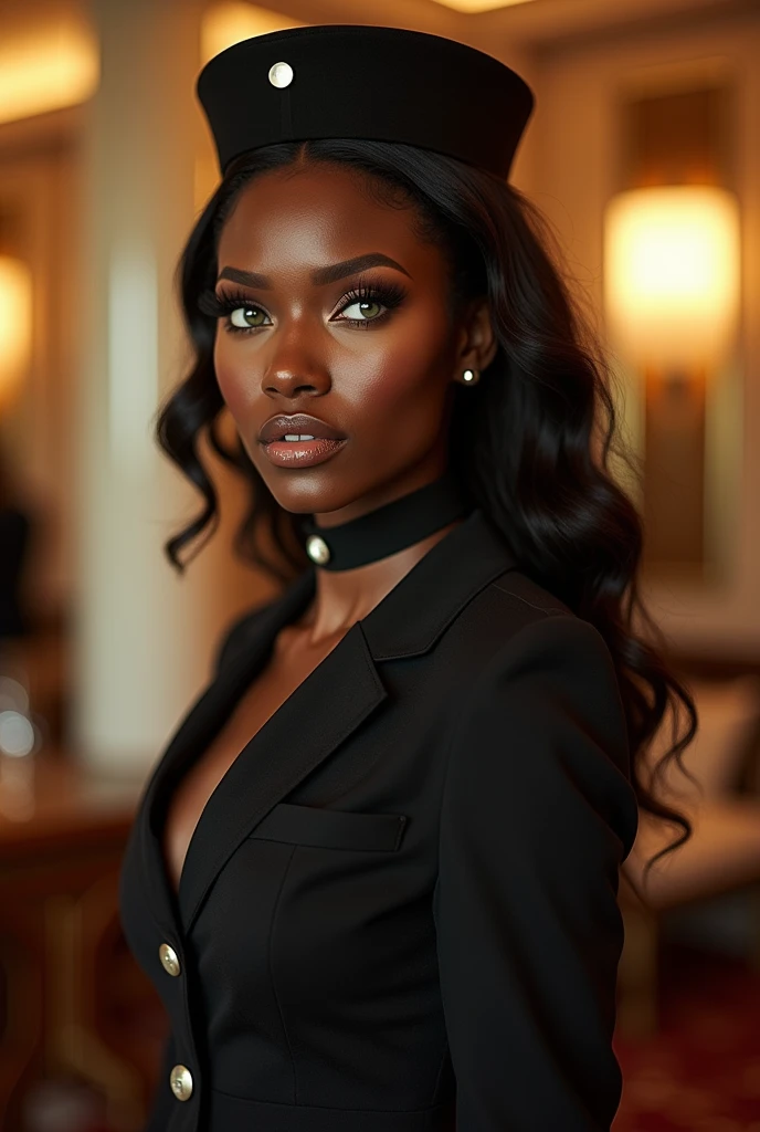I need to create an entrepreneurial dark-skinned woman with a round face and long wavy dark brown hair, with expressive brown eyes, big nose, Small ears, Medium but pretty mouth, gorda
