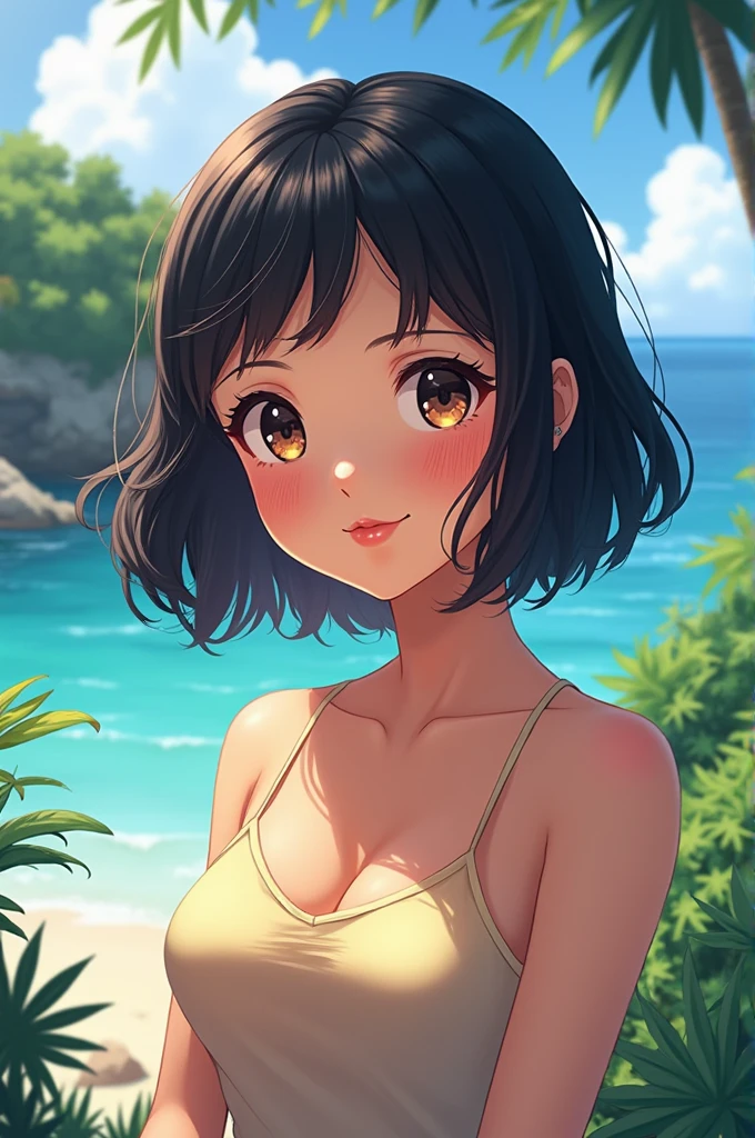 No clothes、Nipples、girl, White skin, ((Dark brown short tiered hair)), (Dark brown short hair),V cut with layers and bangs, Brown eyes, Soft atmosphere characteristics (Highest quality, Ultra-high resolution, 8k, RAW Photos, Ultra-high resolution: 1.2, Nipples、No costume、masterpiece: 1.3), (Realistic, Realistic: 1.37), Very detailed, Professional Lighting, Photon Mapping, Radio City, 物理ベースレンダring, 一人のgirl, (high school girl), Sharp focus:1.2、Beautiful woman:1.4,cute, Nice,(Adorable smile:1.2), Normal chest, Cross Necklace、Earrings、ring,(Cleavage)、((( Bandeau bikini:1.2),(looking at the camera:1.2),Palm tree,Sandy Beach,At Waikiki Beach)(),(Selfie:1.1),
