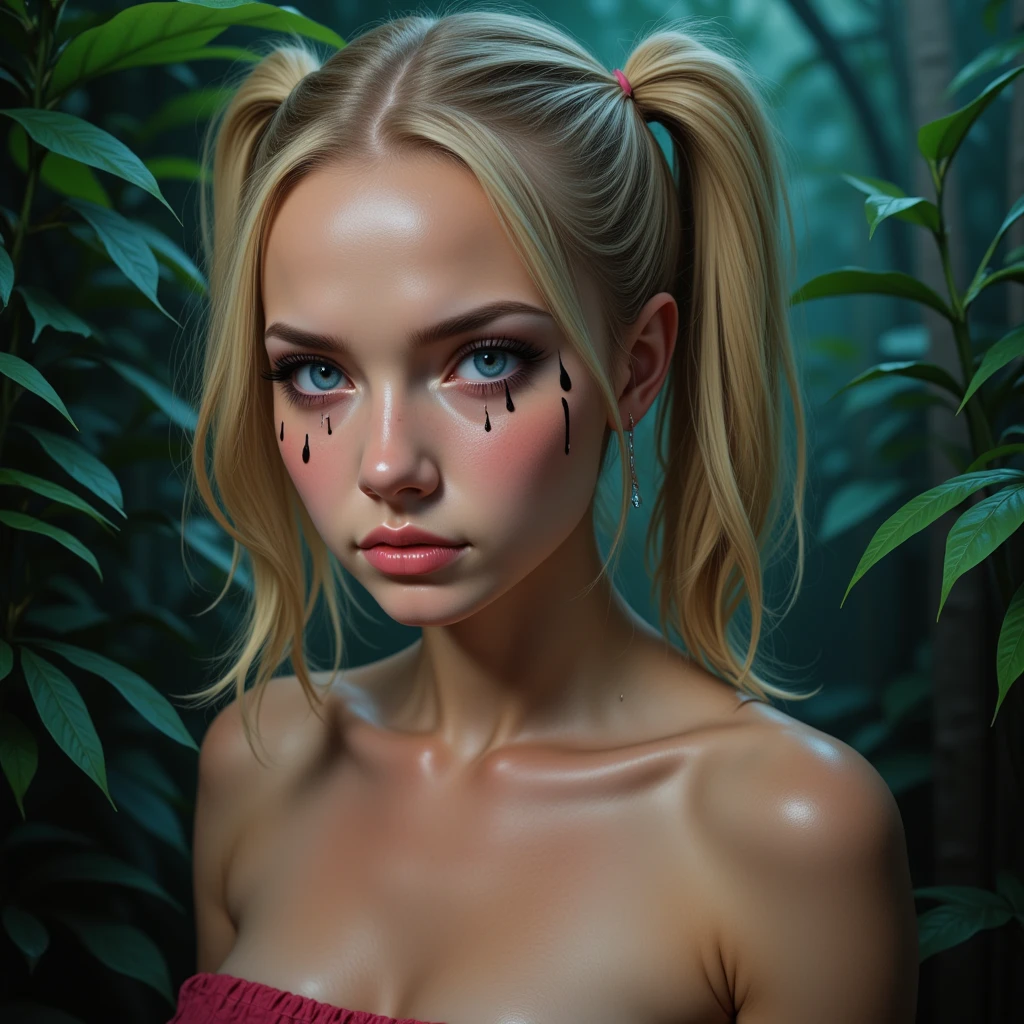 25yo, seductive photo, mascara tears, mascara drain, long eyelashes, large blue eyes, zoomed on face, Photorealistic image of a 25-year-old female with a sexy appearance and blonde hair styled in twintails. thin eyebrows. thick proportionate female body. A realistic backdrop should enhance the depth of field, (cyber jungle background)++, zoomed on subject, looking at viewer, profile photograph, (photorealistic)+, (((Fujifilm XT3)))+, ((8k HD, SLR camera))++