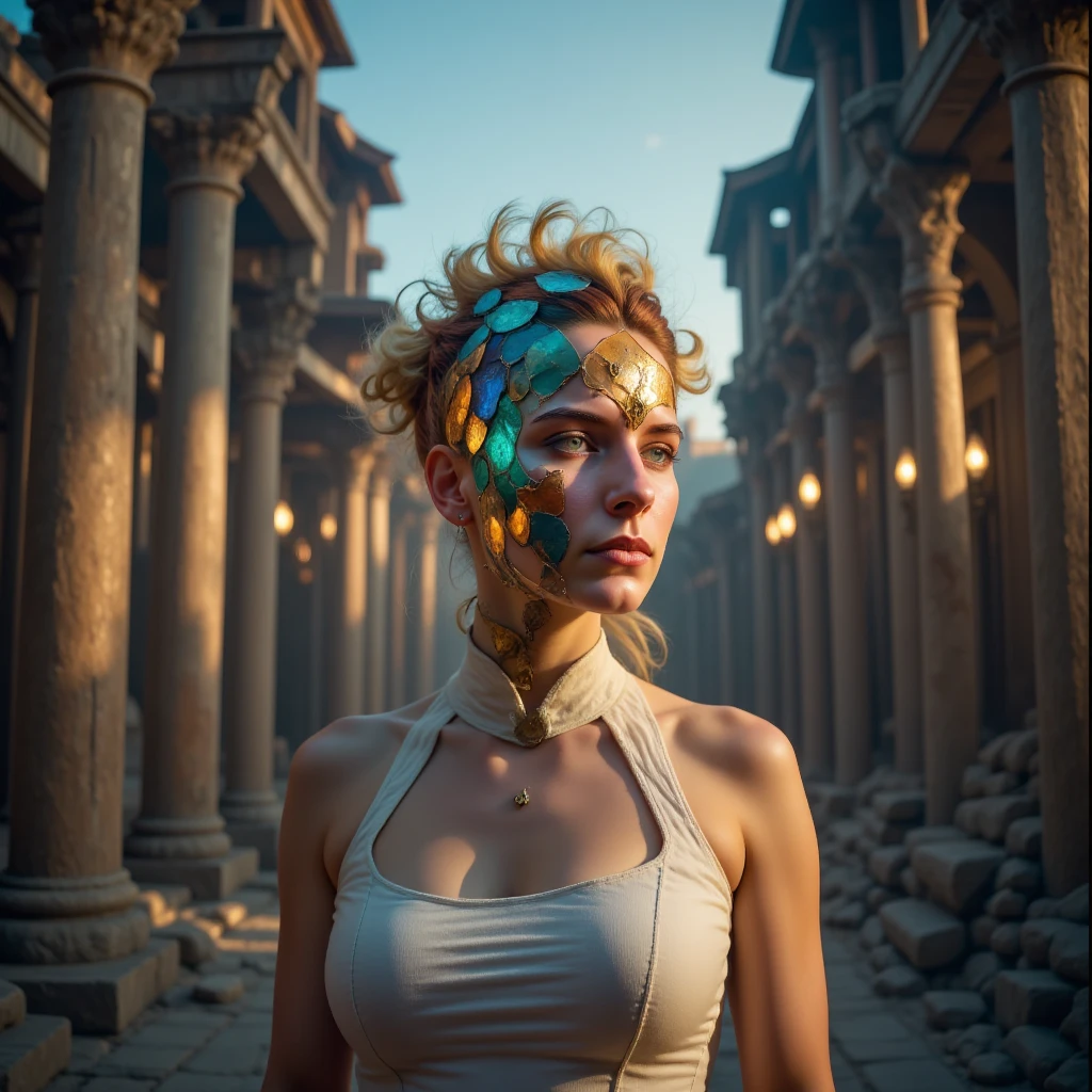 High resolution photo, a cinematic close-up of a faceless goddess in a ruined city at dusk. She is dressed in a transparent white tunic. The translucent shell of her head houses a network of delicate fragments of colored and luminous stained glass, refracting hauntingly beautiful patterns of light and shadow on the ancient stone walls. She appears like a deity forgotten to knowledge and endless sorrow.