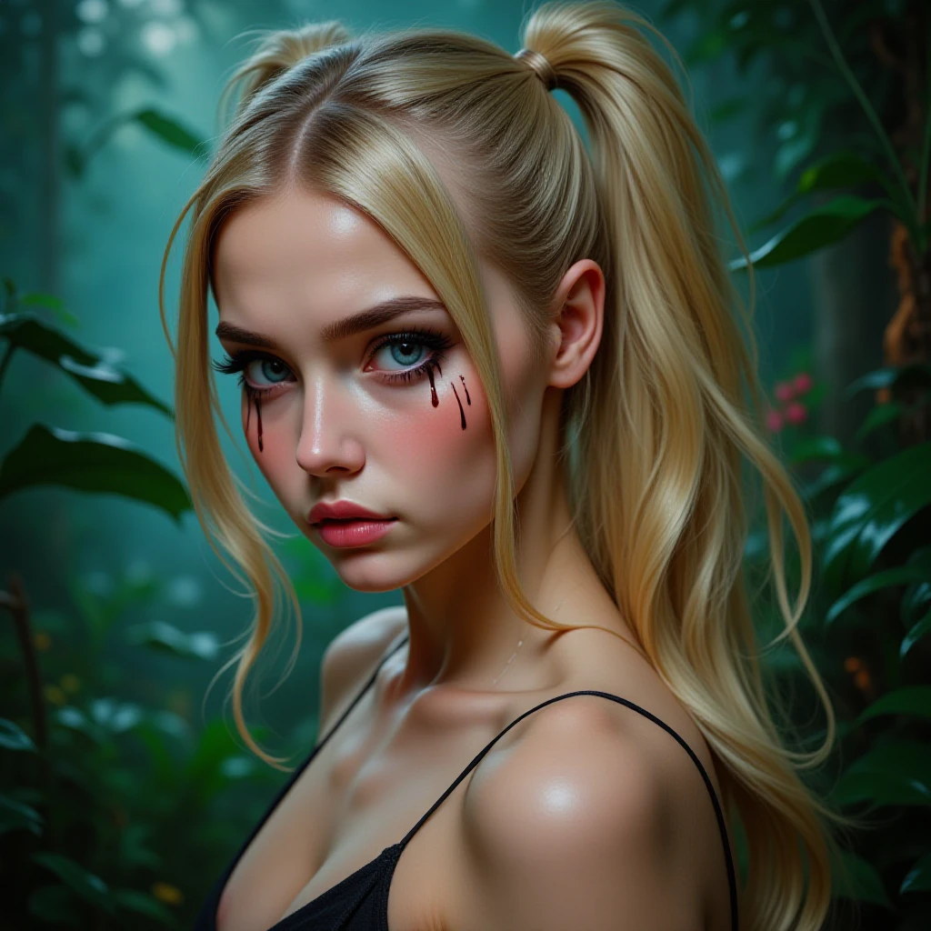 25yo, seductive photo, mascara tears, mascara drain, long eyelashes, large blue eyes, zoomed on face, Photorealistic image of a 25-year-old female with a sexy appearance and blonde hair styled in twintails. thin eyebrows. thick proportionate female body. A realistic backdrop should enhance the depth of field, (cyber jungle background)++, zoomed on subject, looking at viewer, profile photograph, (photorealistic)+, (((Fujifilm XT3)))+, ((8k HD, SLR camera))++