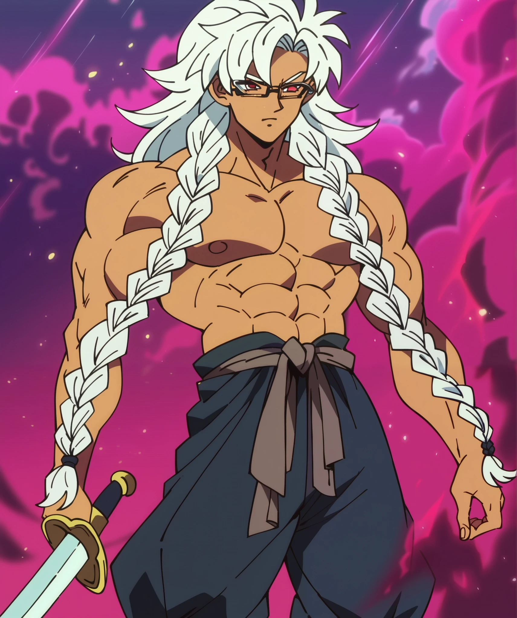 zPDXL, score_9, score_8_up, score_7_up, score_6_up, score_5_up, source_anime, 4k, absurdres, 1boy, solo,
dbsb, 1boy, white_hair, white hair, white_colored_hair, hair on a braid, long hair with braids, braids fall down, braids_fall_down_shoulders, black sash, black_sash, sword big_sword black pants, black baggy pants baggy_pants baggy pants glasses, glasses on eyes, character art, character design, character, character illustration, anime screencap, body, muscular, muscular_body, tanned_skin tanned brown_skin brown skin brown_skin_color, muscular physique, fit body, red aura red_aura red_glow red particles red strokes, big body big_body huge _body massive_body absurdly large body absurdly_large_physique, Extremely Muscular Body 