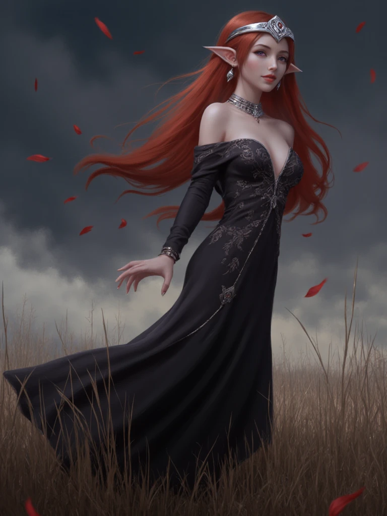 Digital painting of a female elf character in a side profile. The elf has long, flowing red hair and pointed ears, characteristic of her mythical nature. Her skin is pale, and she has delicate facial features, including high cheekbones and a serene expression. She is adorned with an intricate silver tiara and matching jewelry, including earrings and a necklace. Her attire is a detailed black gown with silver embroidery, adding to the regal and mystical appearance. The background is a moody, overcast sky with swirling clouds, and she stands in a field of tall, dry grass, with red petals or leaves floating around her, enhancing the ethereal atmosphere of the scene.