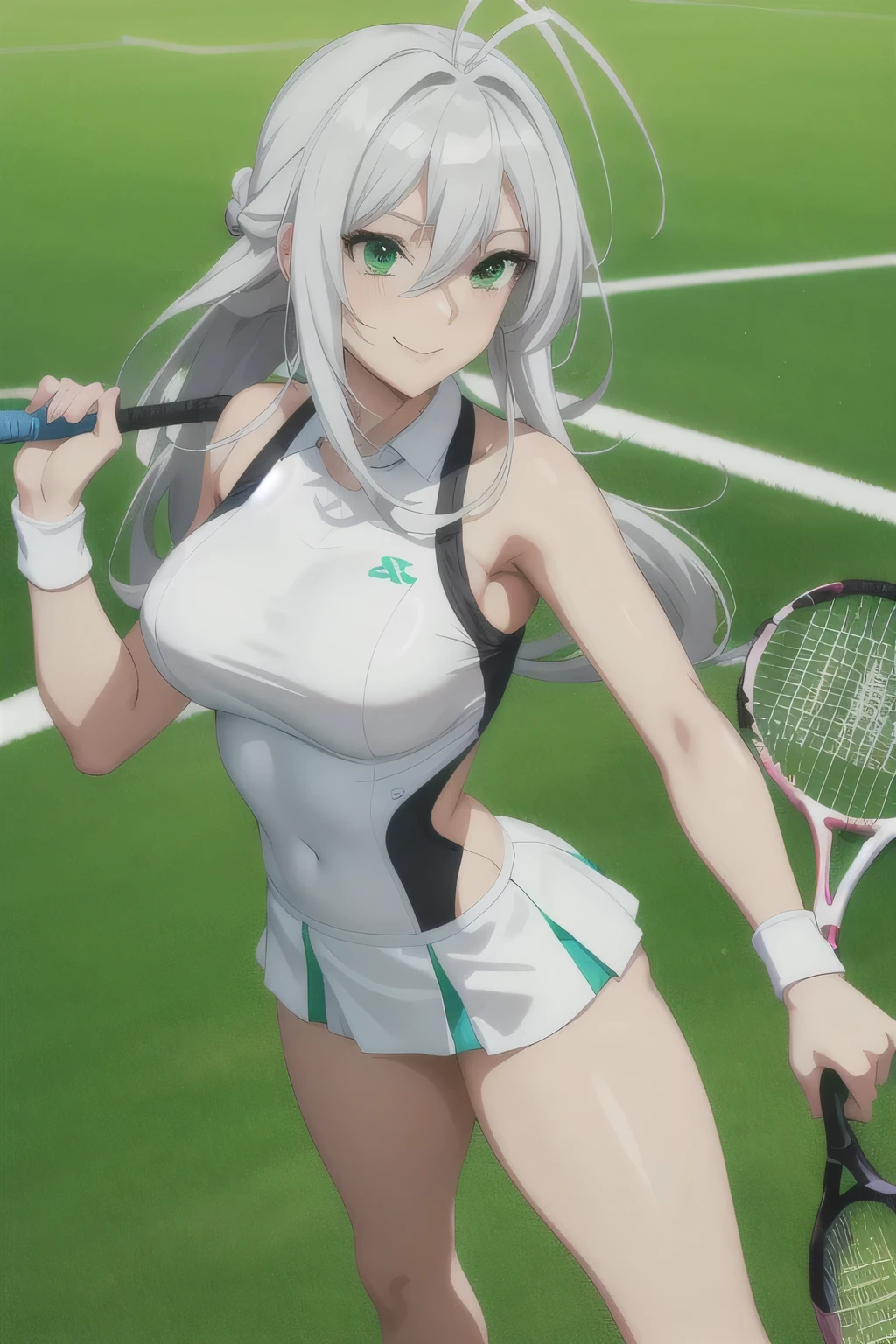 She is wearing a white tennis outfit, with her white undergarments visible. She holds a single tennis racket with both hands in a poised and focused manner. The lush green grass tennis court stretches out in the background. This scene radiates elegance, power, and athletic skill.  Silver Hair, Antenna Hair,  long hair,  green eyes, Adult female,  smile.