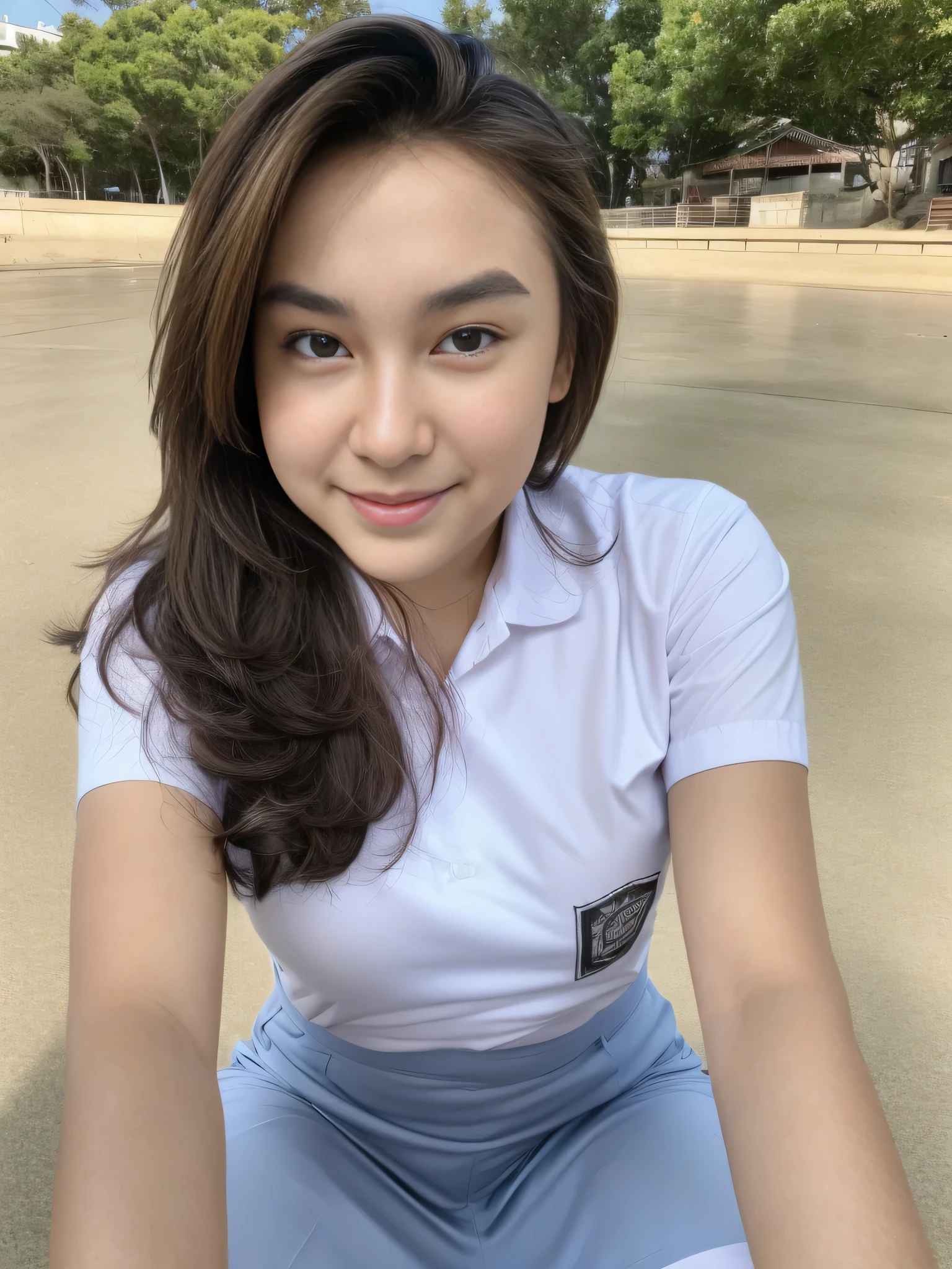 1girl, solo, (uniform), standing, at the beach, face at center frame, beautifully beach scenery, detailed face, seductive smile, detailed eyes, thick breasts, smooth skin, ponytail hairstyle, tight white shirt, grey blue short skirt, looking at the audience, low angle shot,(8k, RAW photo, best quality, masterpiece: 1.2), (realistic, realistic: 1.37), ultra-high resolution