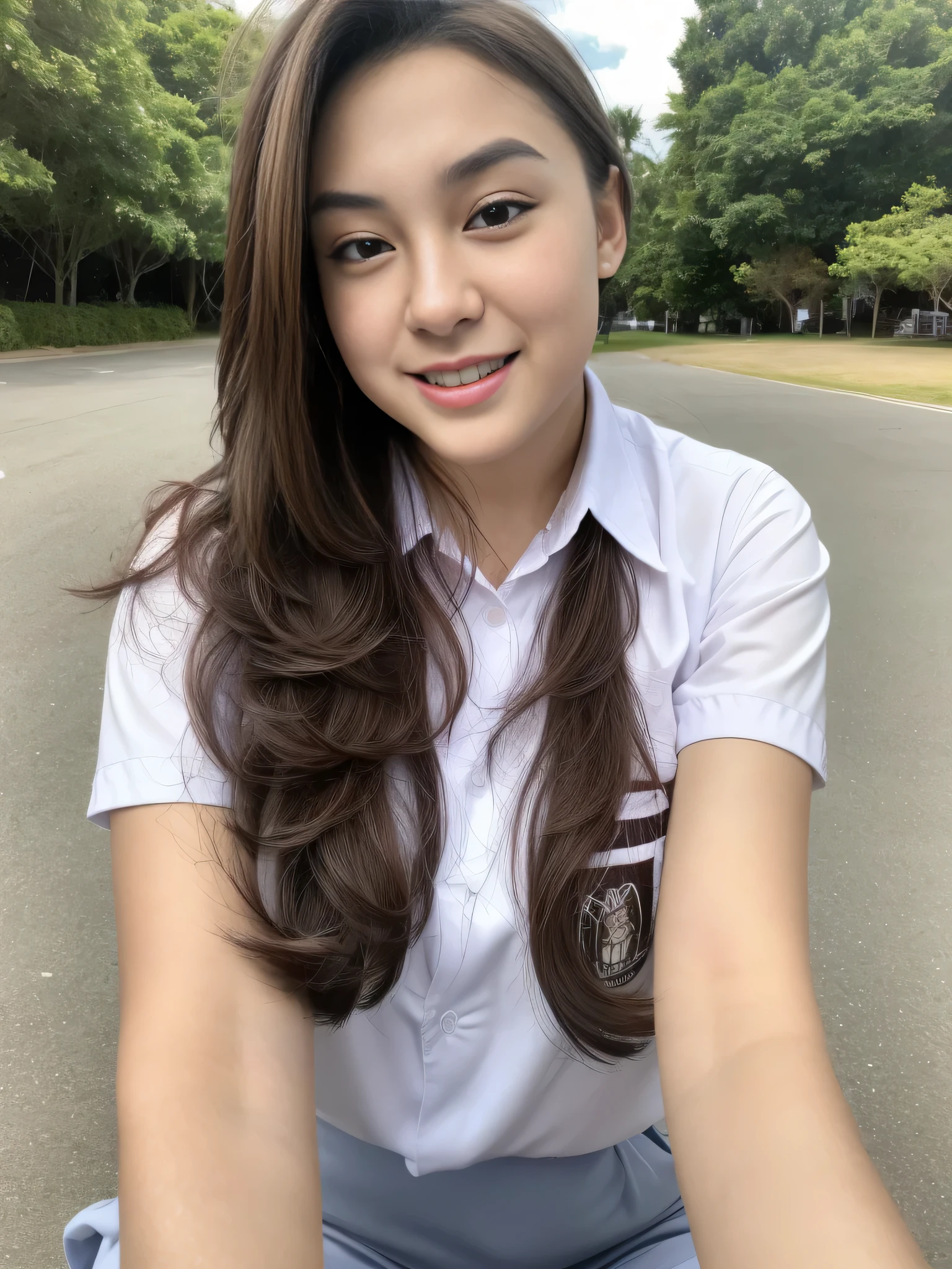 1girl, solo, (uniform), standing, at the beach, face at center frame, beautifully beach scenery, detailed face, seductive smile, detailed eyes, thick breasts, smooth skin, ponytail hairstyle, tight white shirt, grey blue short skirt, looking at the audience, low angle shot,(8k, RAW photo, best quality, masterpiece: 1.2), (realistic, realistic: 1.37), ultra-high resolution