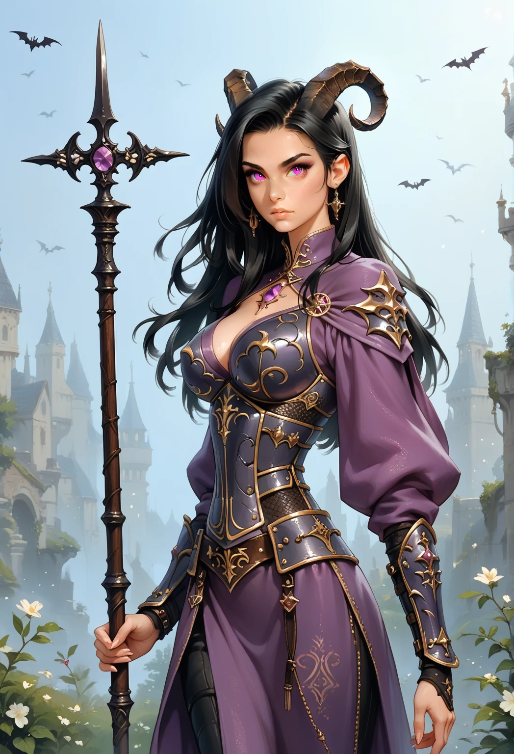 Black hair, spiky hair, extremely long hair, lithe female, beautiful female, goat horns, small bat wings, magenta robes, purple tunic, black medieval armor, spiky armor, leather armor, weapon, red glaive, polearm, solo, fantasy, female demon