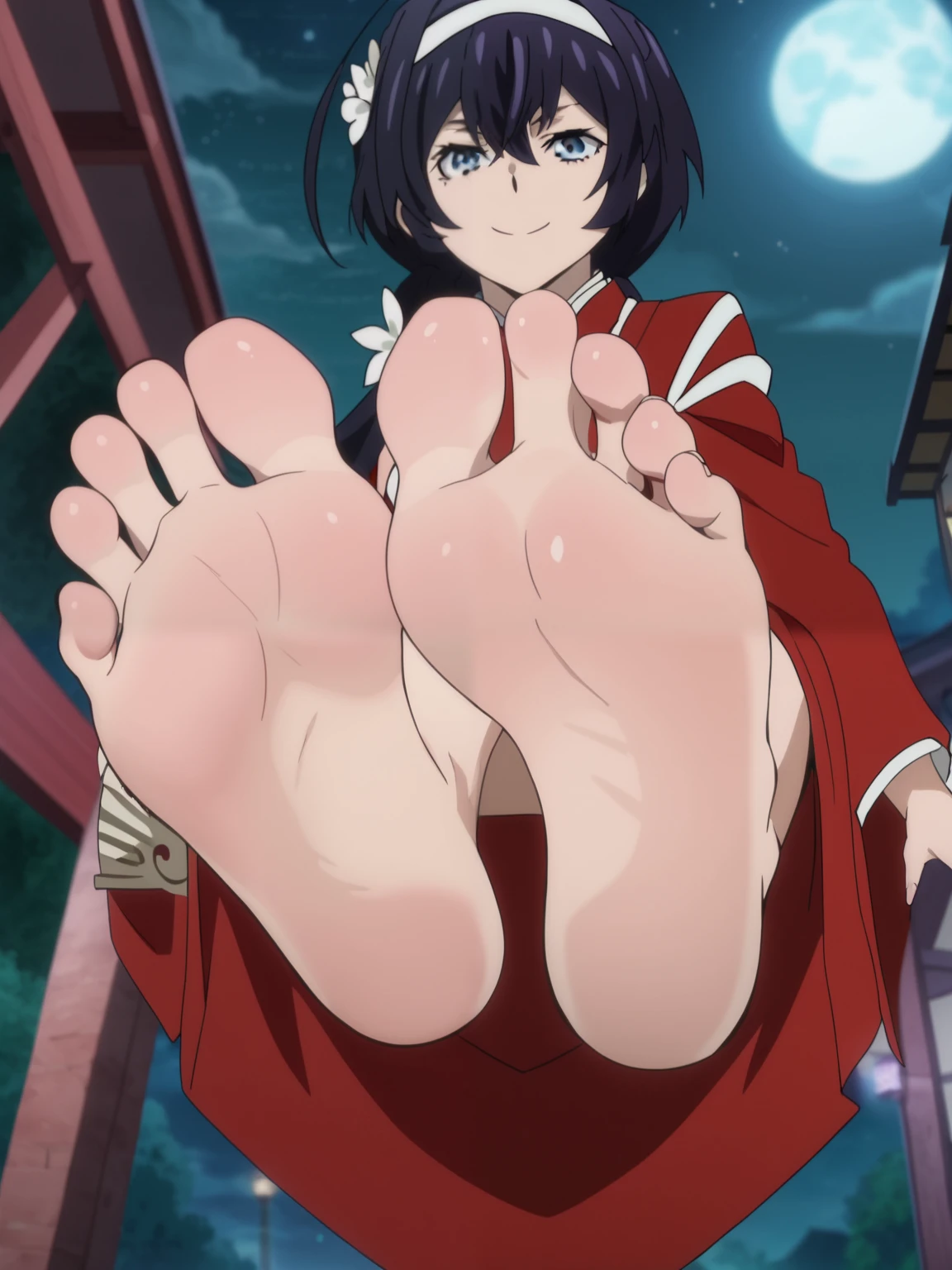 score_9, score_8_up,source_anime,
1girl, Bungo Stray Dogs, Izumi Kyouka ,  long hair, red kimono, red skirt, alone, looking at viewer, cowboy shot, anime screencap, anime coloring in the room，barefoot，Perfect feet，Anatomically correct，soles，low angle，Focal length 35mm, Five toes，front，Symmetrical Soles，Foot Focus, night, in the city, floating, night, lifting legs to show her soles, flirty gaze, flirty smile